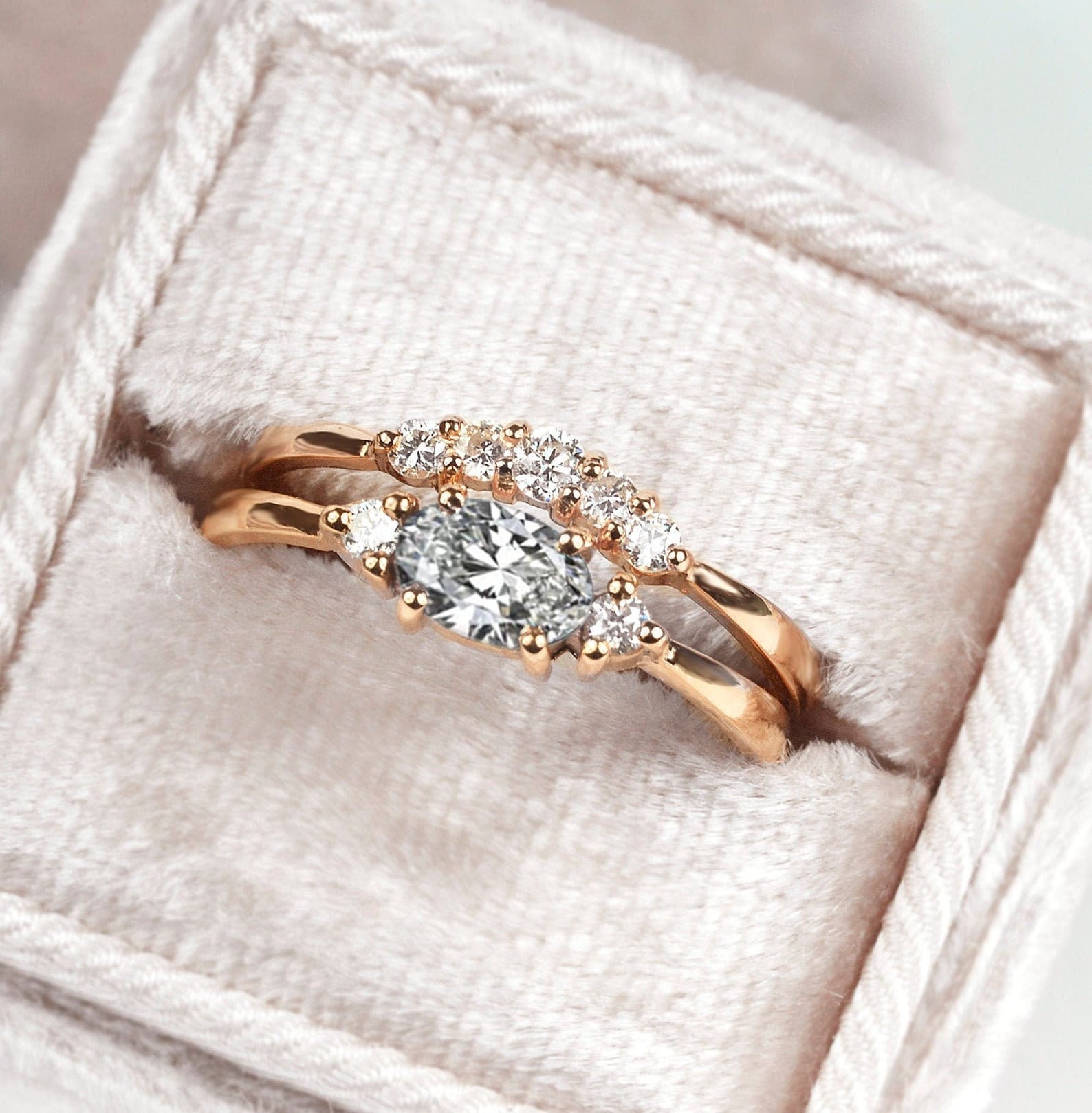White Diamond Engagement Ring & Alternative Wedding Band | Oval Rose Gold Curved