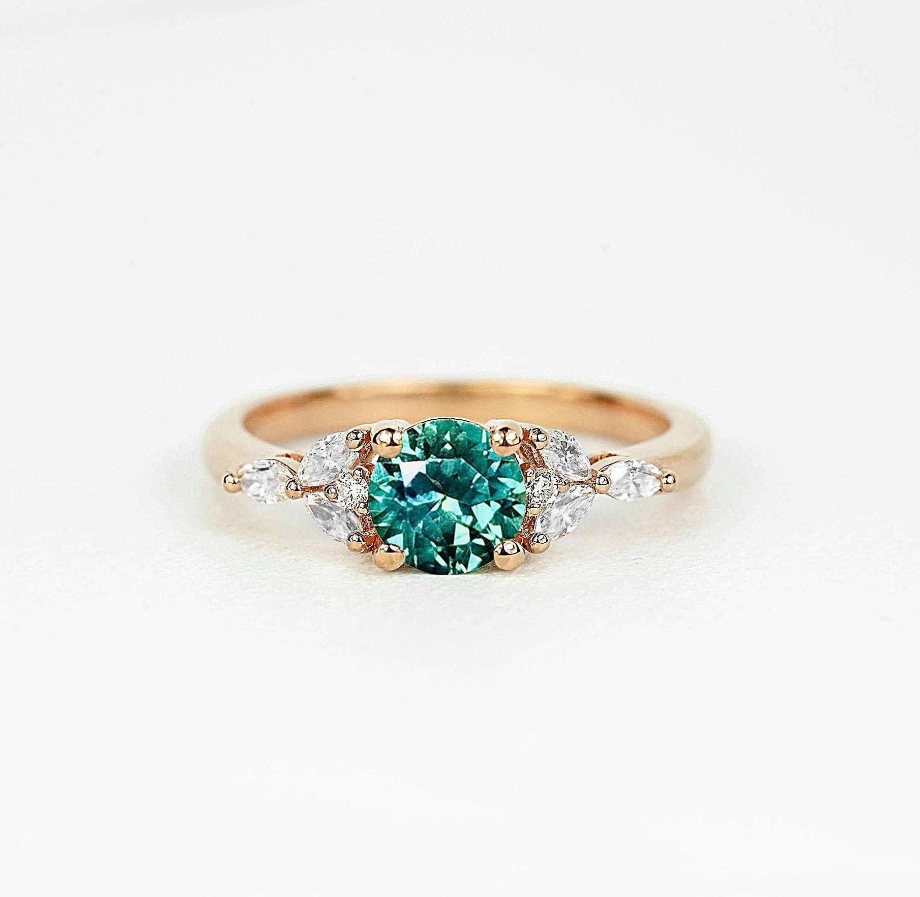 6mm Round Natural Green Tourmaline & Marquise Diamond Engagement Ring | Dainty Bridal Promise Art Deco Bespoke