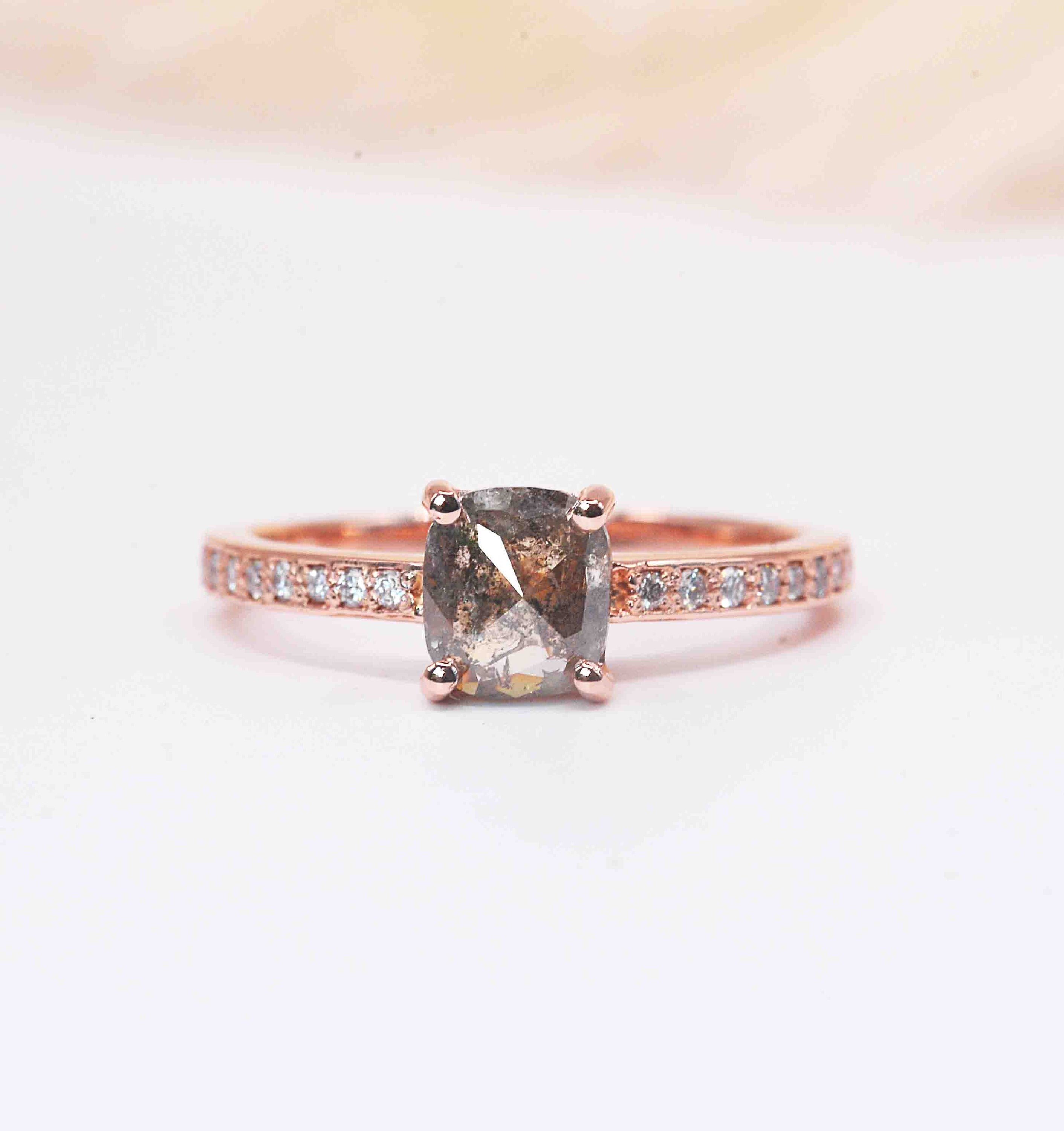 Salt & Pepper Diamond Vintage Ring | 6mm Cushion Cut Salt Engagement Unique Galaxy White