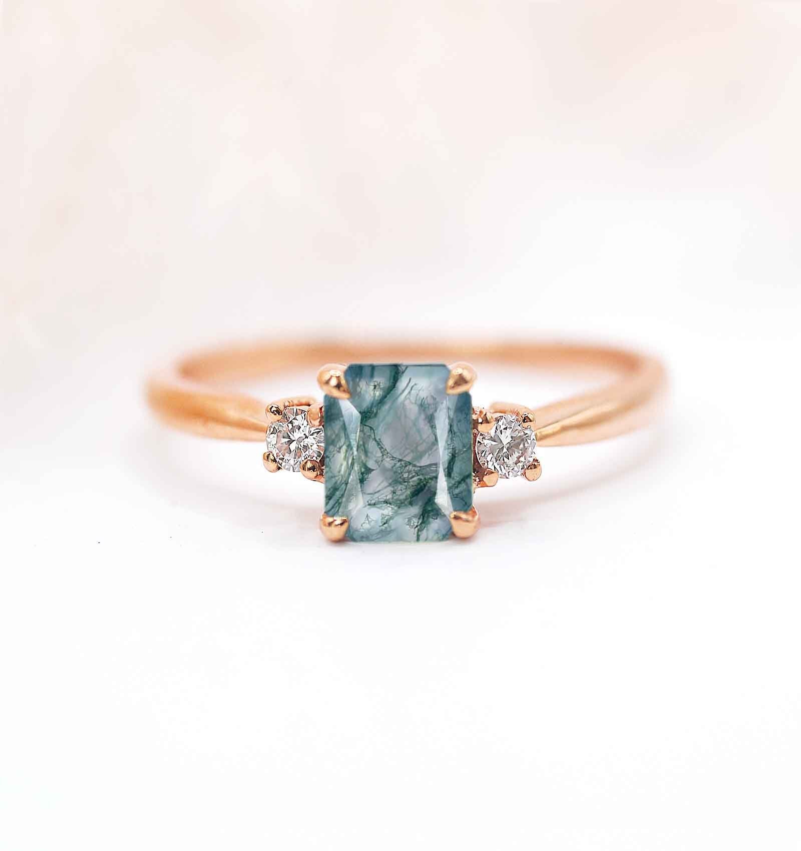 Radiant Cut Moss Agate & Diamond Vintage Ring | Radiant Engagement Unique Rose For Love
