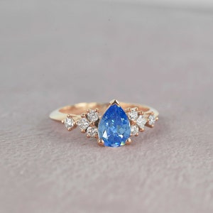 1.52ct Pear Light Blue Sapphire Engagement Ring Bridal Anniversary Ring Princess Cut Diamond Fitted Rose Gold Engagement Ring for her image 3
