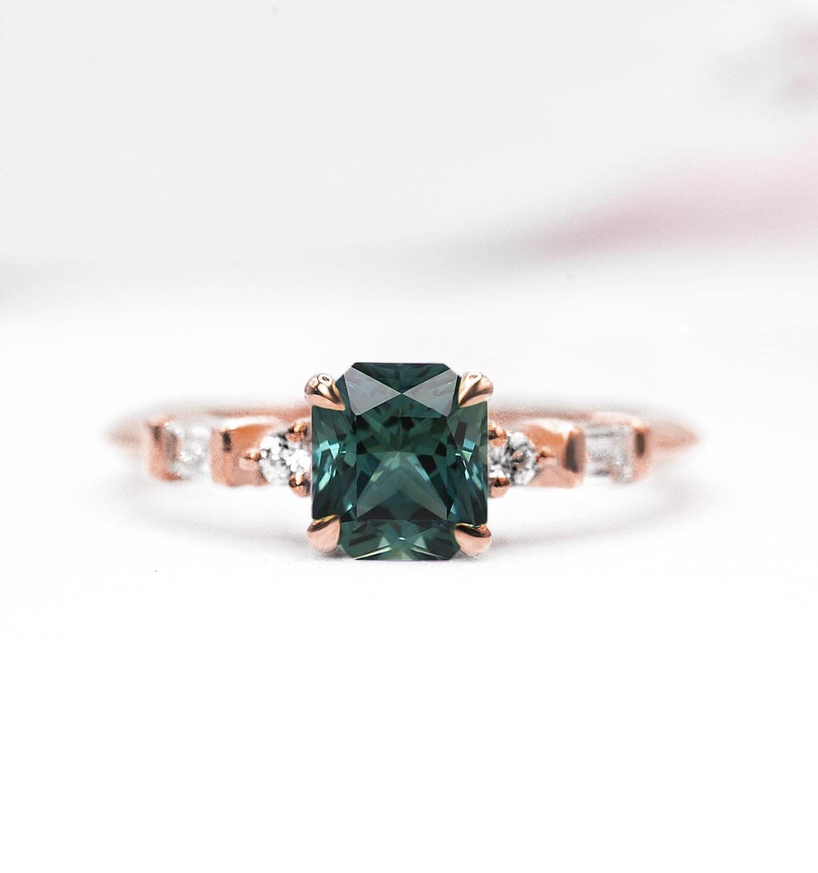 Radiant Cut Teal Sapphire Featuring Engagement Ring | Handmade in Rose Gold & Baguette Diamond
