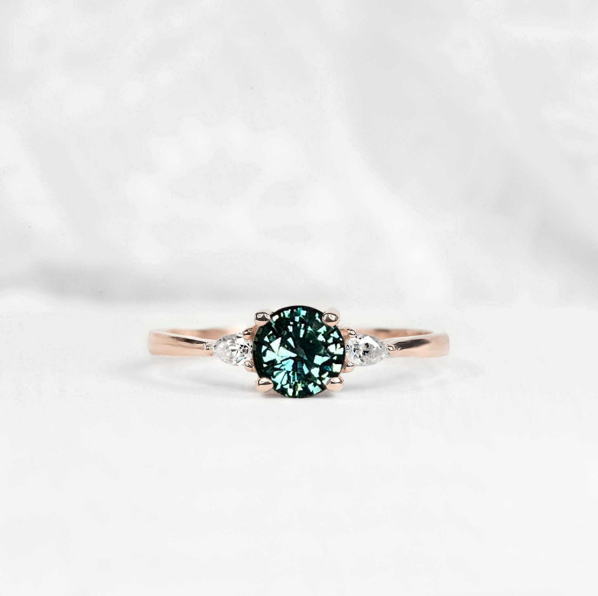 Natural Teal Sapphire Centered Pear Diamond Dainty Engagement Ring | & Bridal Promise Art Deco