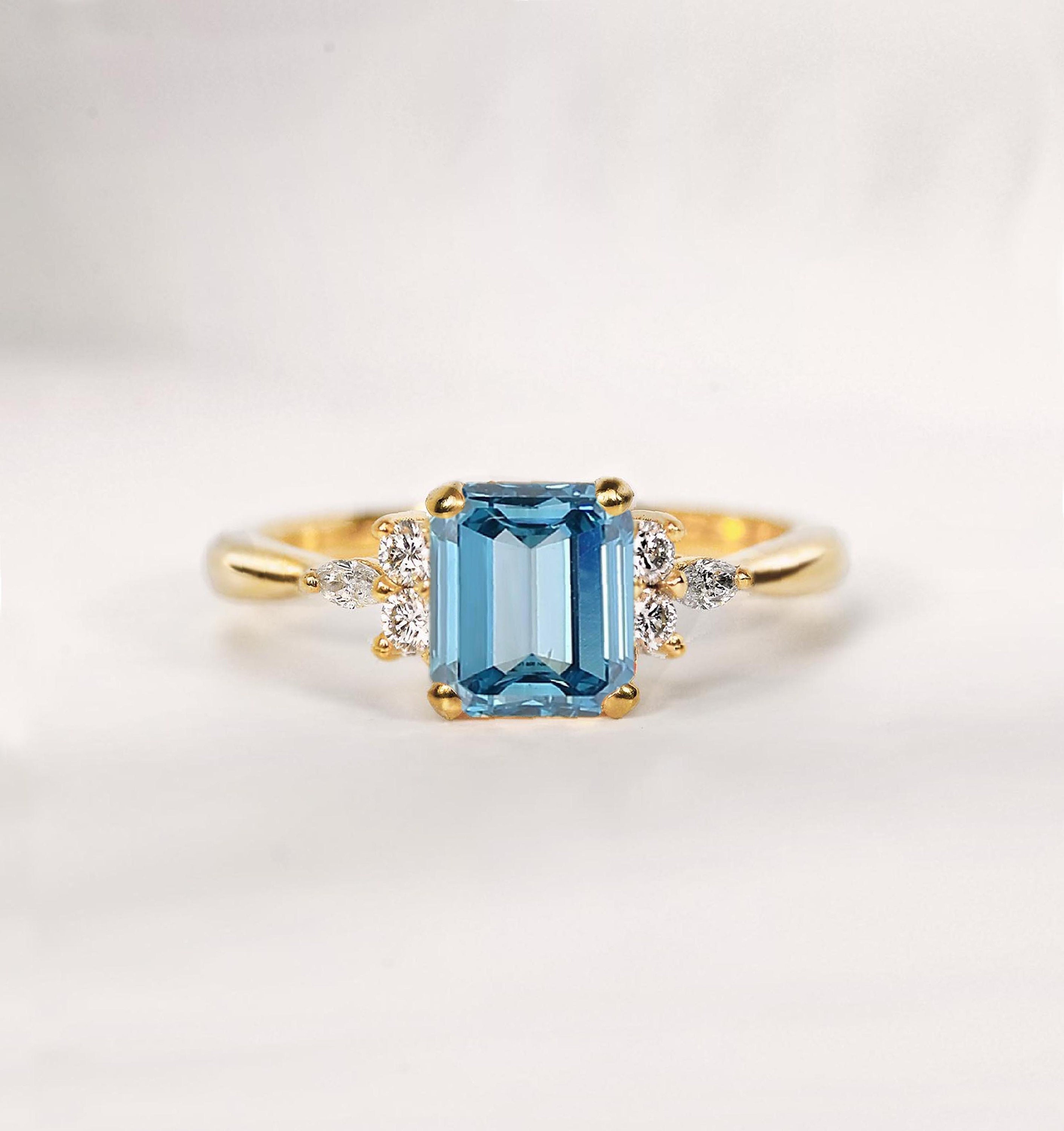 Emerald Cut Aquamarine Engagement Ring | 14K, 18K Gold Genuine Alternative Diamond Eco Friendly