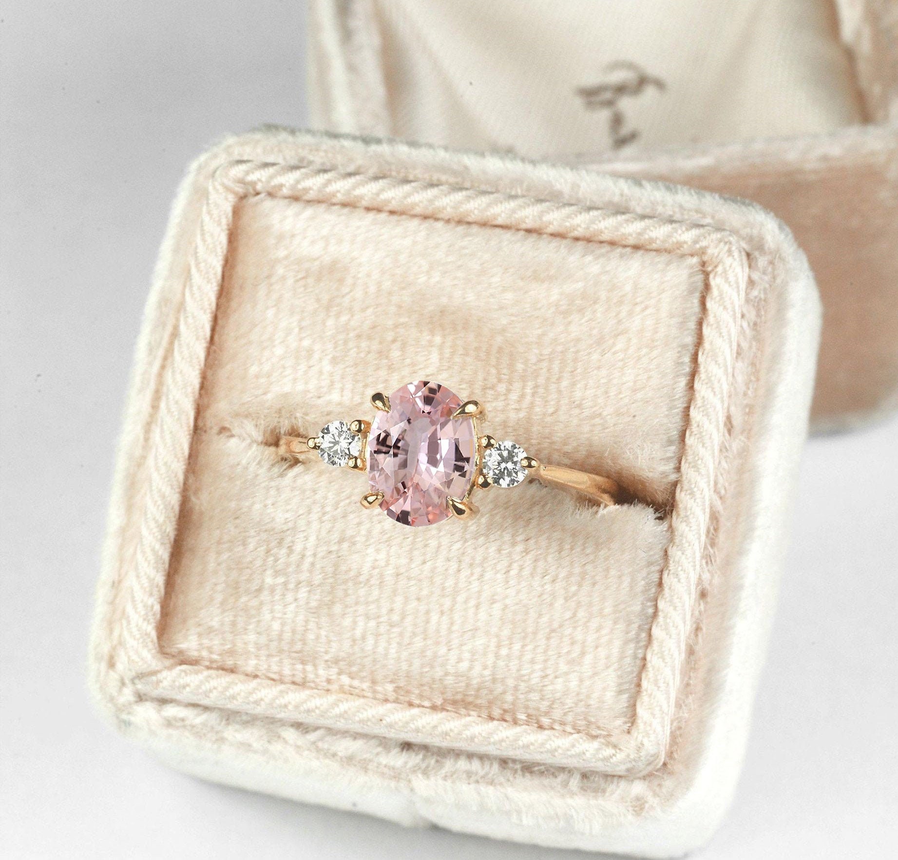 Oval Morganite Engagement Ring | 9K/14K/18K Rose Gold Alternative Diamond & Vintage Three Stones