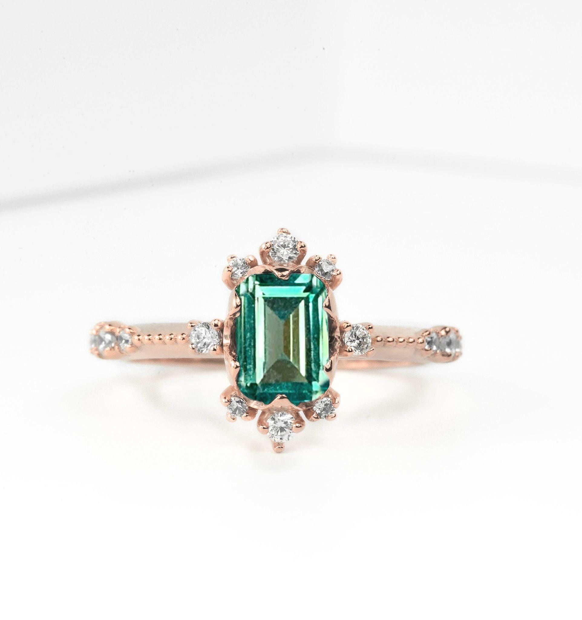 Emerald Cut 1.5Ct Natural Green Tourmaline Engagement Ring | 14K, 18K Gold Genuine Diamond Bespoke Rose
