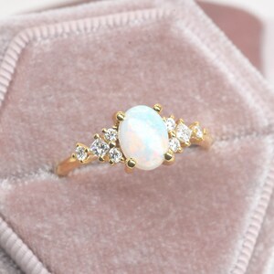 Oval white opal and diamond dainty ring Oval cut opal anniversary ring Princess cut diamond and opal ring yellow gold engagement ring 画像 7