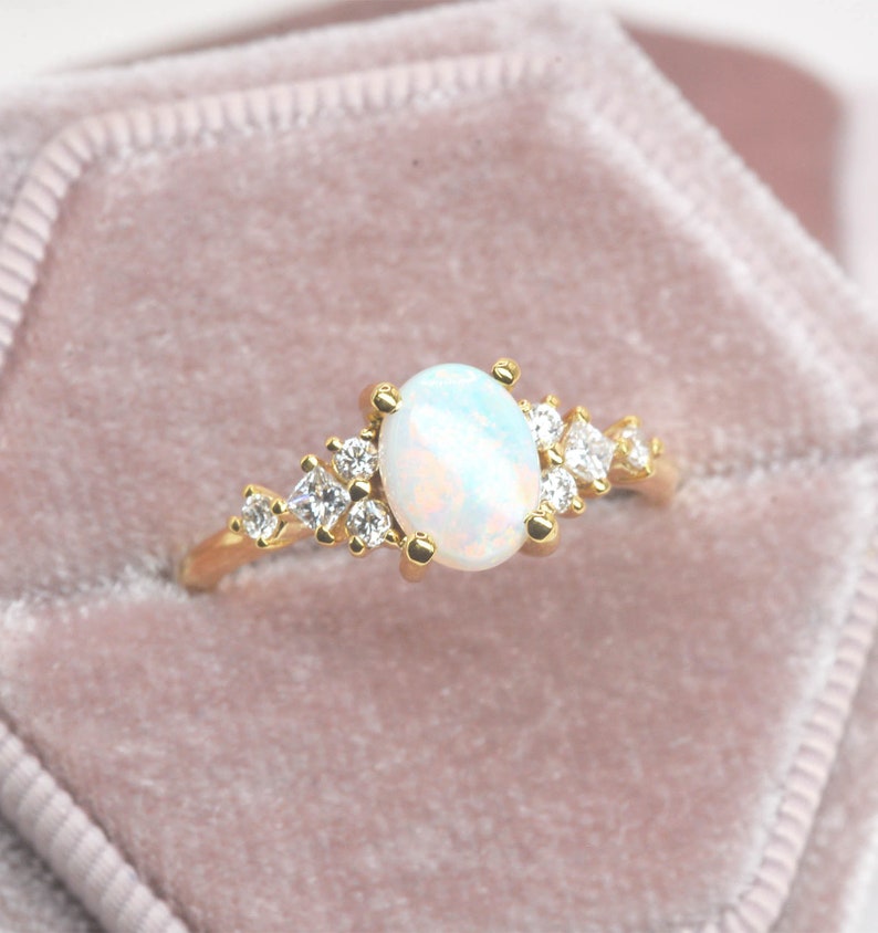 Oval white opal and diamond dainty ring Oval cut opal anniversary ring Princess cut diamond and opal ring yellow gold engagement ring image 7