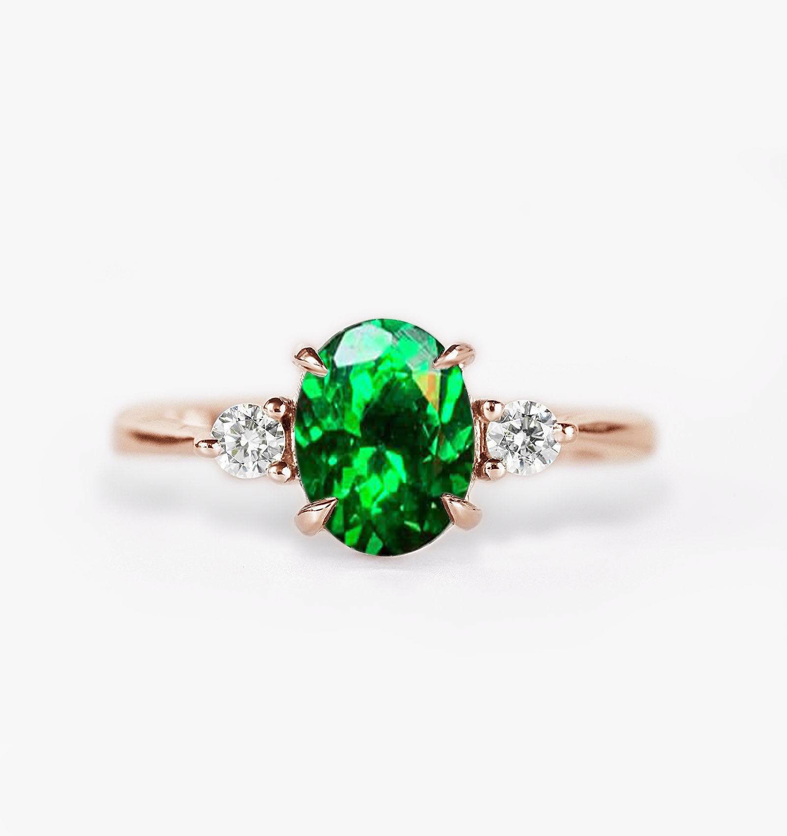 Oval Tsavorite Engagement Ring | 9K/14K/18K Gold Genuine Green Alternative Diamond Eco Friendly