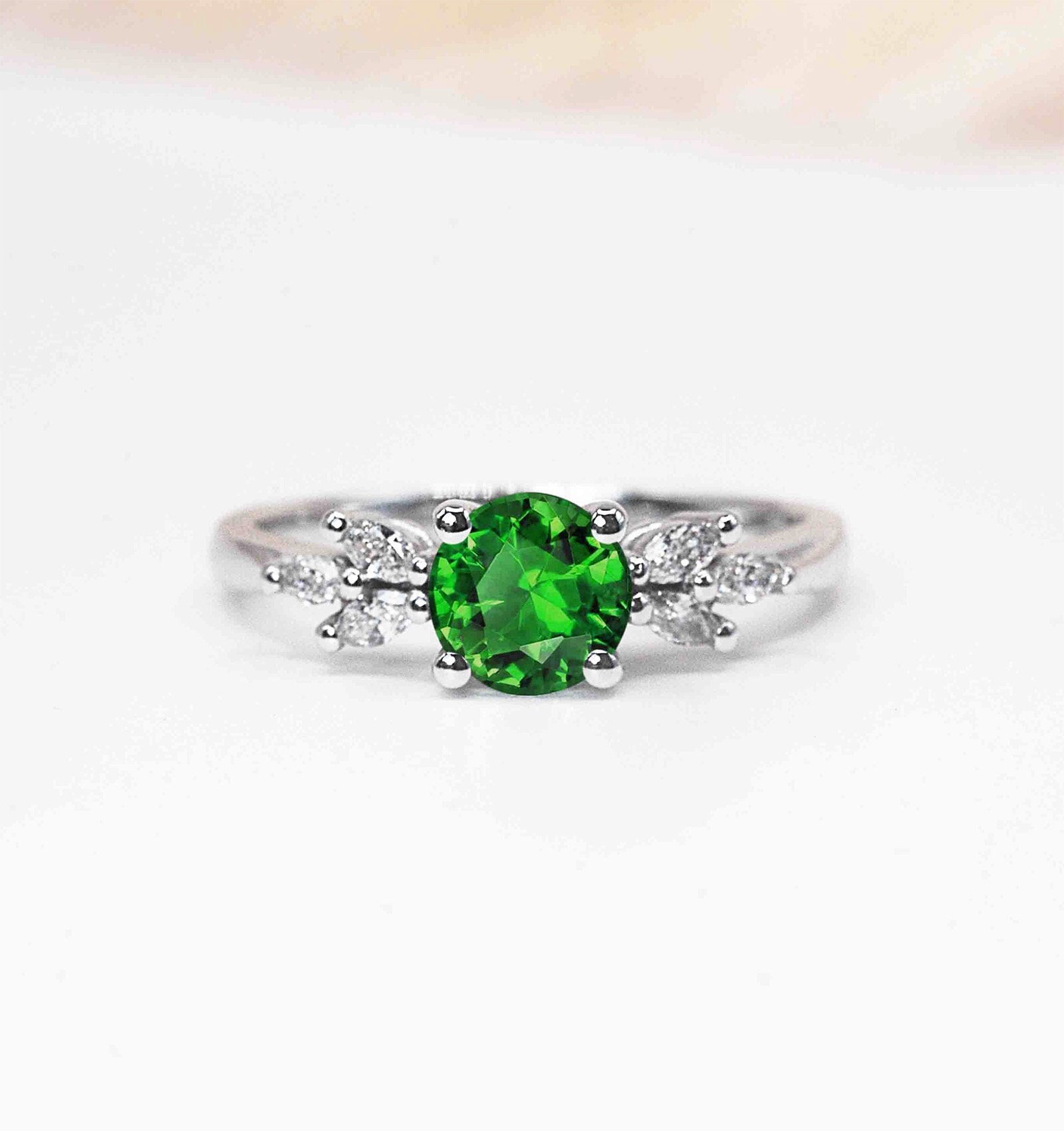 Green Tsavorite Featuring Engagement Ring | Round Art Deco Solid White/Yellow/Rose Gold Stylish Celebrity For Her