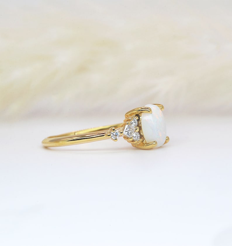 Oval white opal and diamond dainty ring Oval cut opal anniversary ring Princess cut diamond and opal ring yellow gold engagement ring image 4