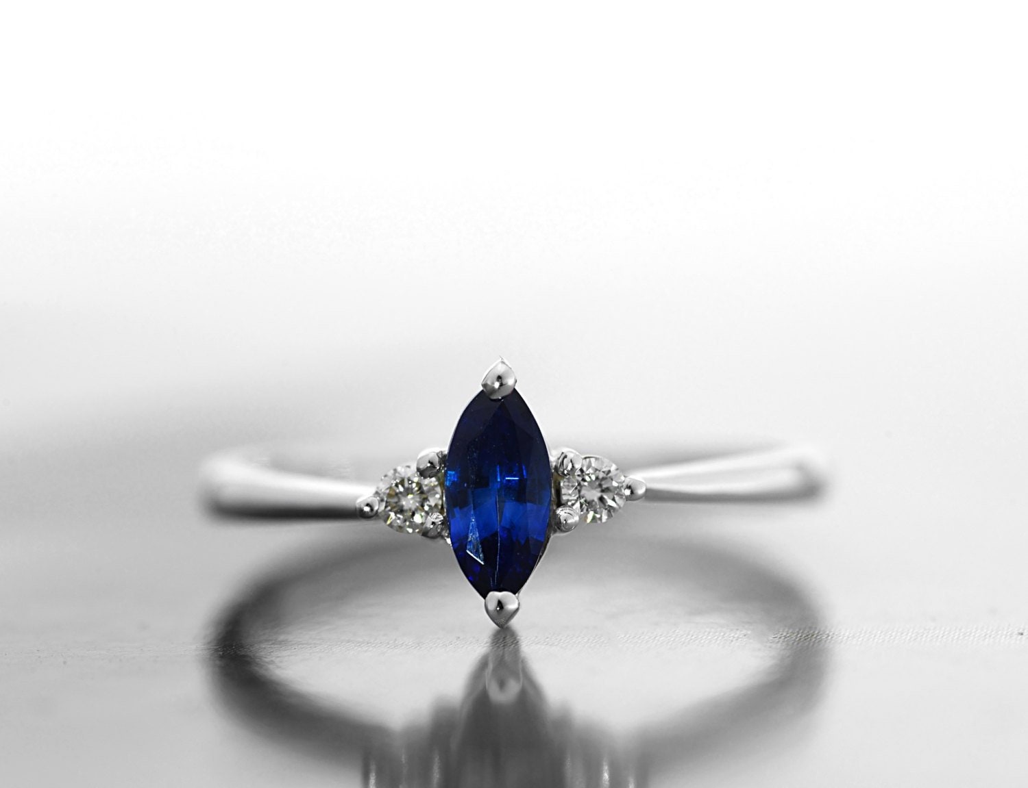 Natural Ceylon Blue Sapphire Engagement Ring-9K/14K White Gold-Blue Diamond Ring-Made To Order-Free Shipping