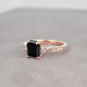 8 x 6mm Emerald Cut Black Diamond Engagement Ring Dainty Round Diamond Wedding Ring Bridal Promise Ring Vintage Promise Ring image 2