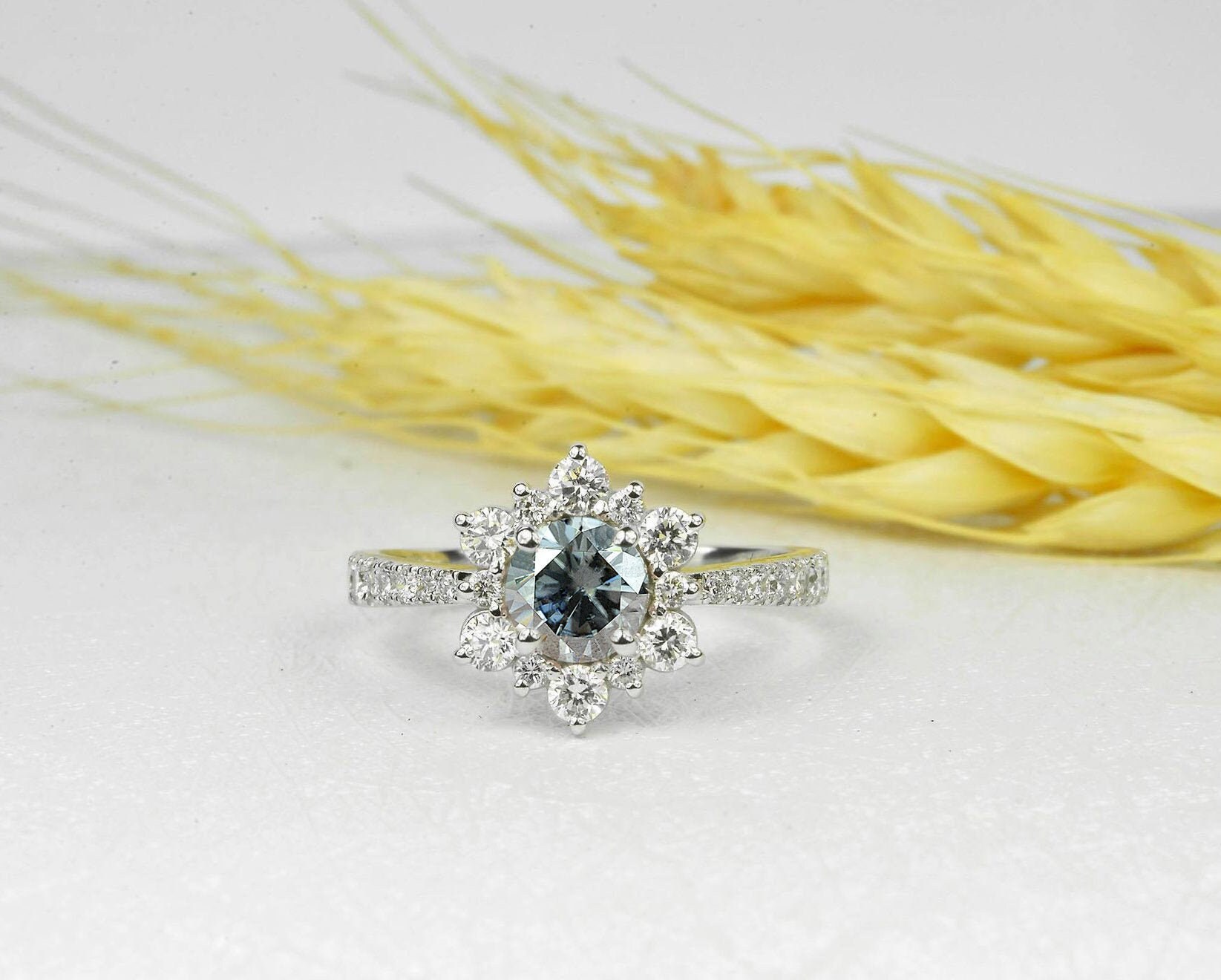 Grey Moissanite Engagement Ring | Diamond Cluster White Gold Vintage Ring Halo Anniversary Unique