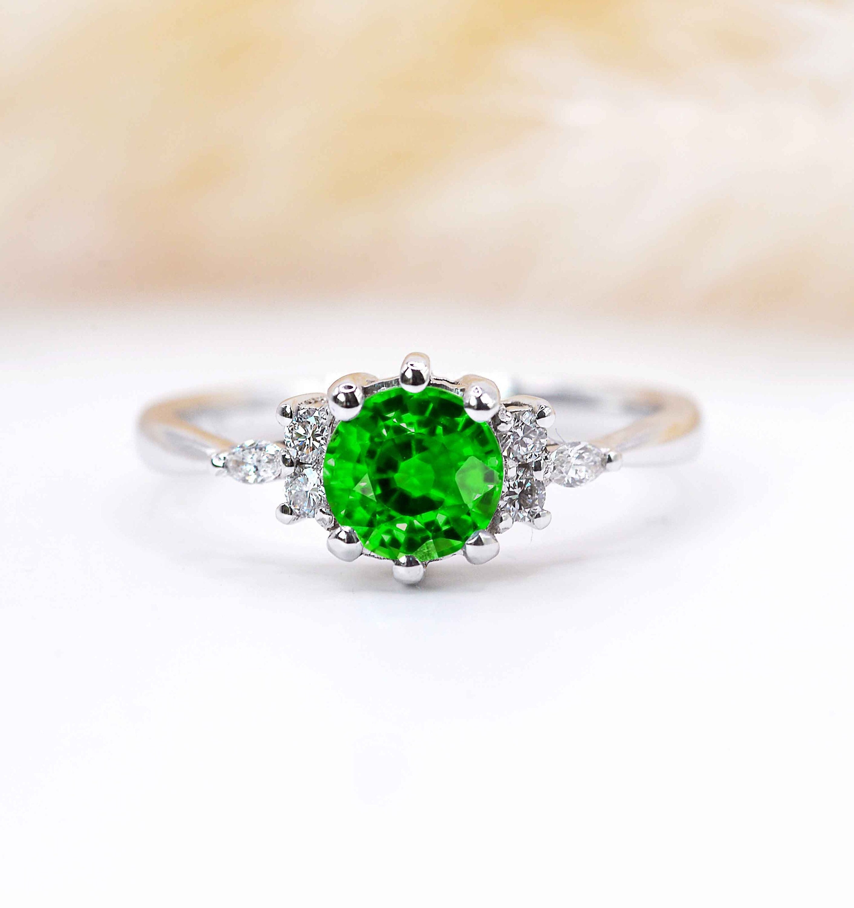 Green Tsavorite & Diamond Delicate Ring |Tsavorite Featuring Art Deco | Solid White Gold Celebrity Vintage Stylish