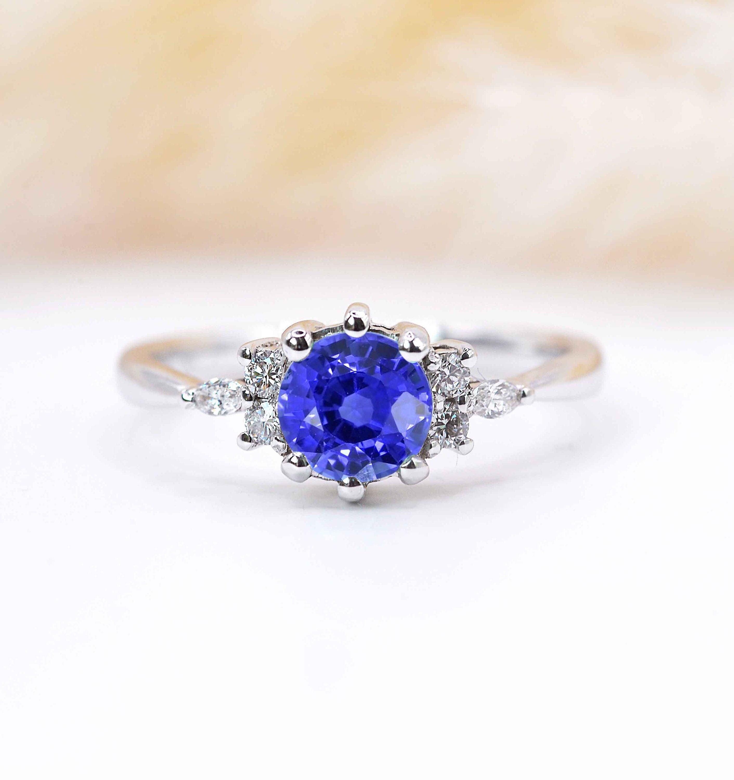 Blue Sapphire & Diamond Delicate Ring | Natural Featuring Art Deco Solid White Gold Celebrity Vintage Stylish