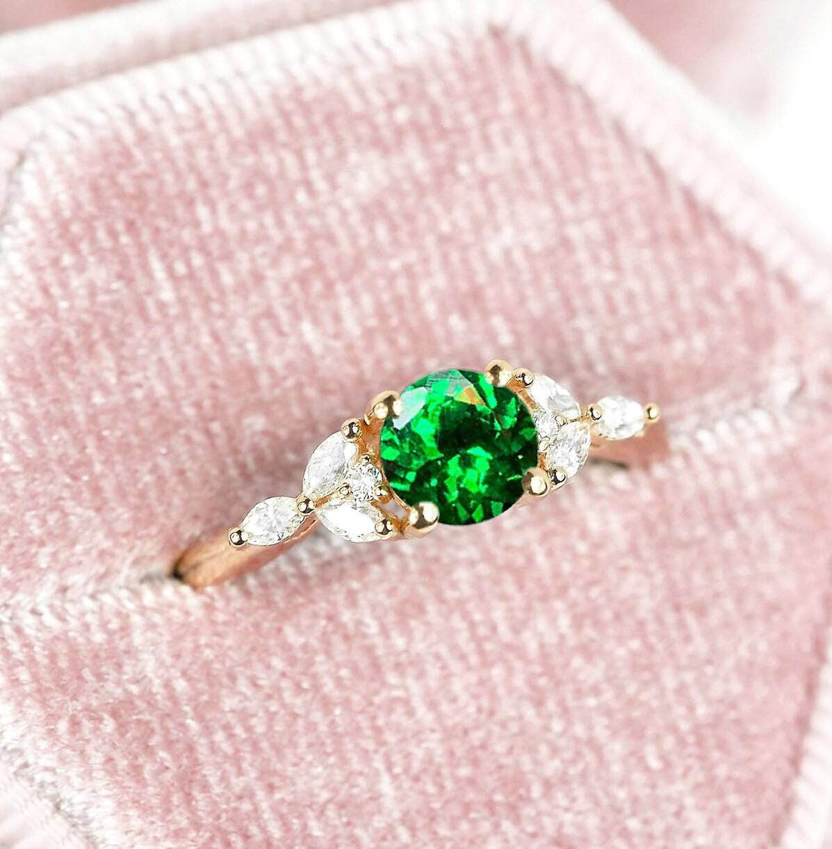Round Green Tsavorite & Marquise Diamond Engagement Ring | Dainty Bridal Promise Art Deco Bespoke Vintage Ring