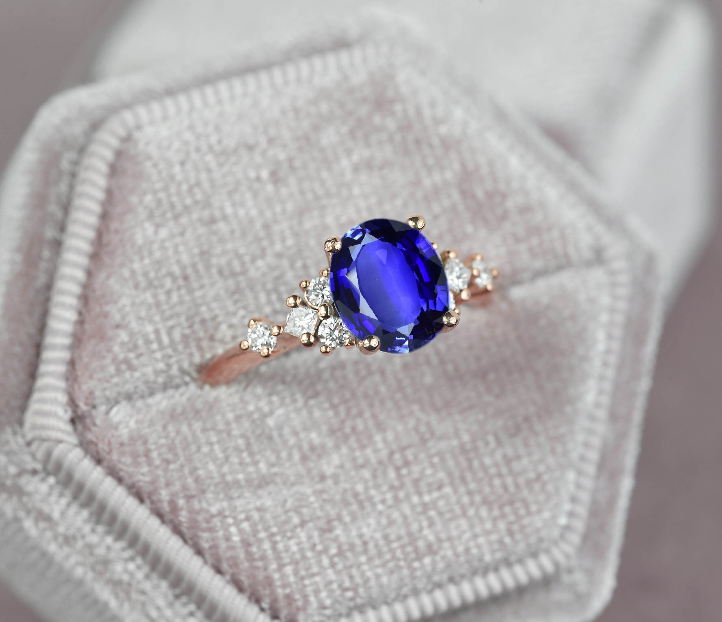 1.61Ct Oval Natural Royal Blue Sapphire & Diamond Engagement Ring | Anniversary Princess Rose Gold