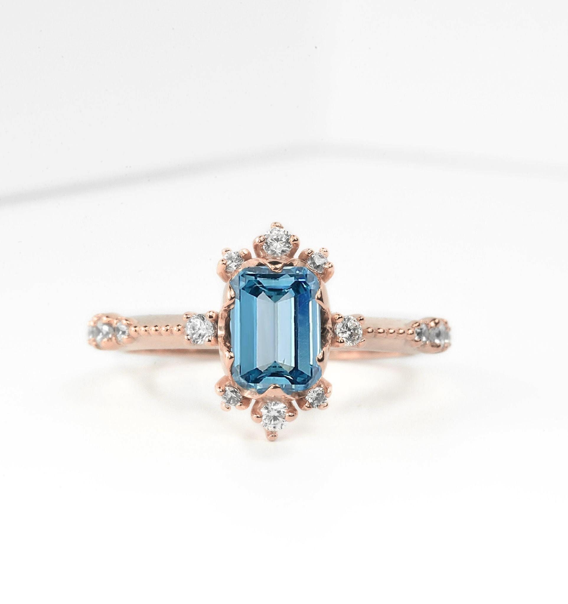 Emerald Cut 1.5Ct Natural Aquamarine Engagement Ring | 14K, 18K Gold Genuine Diamond Bespoke Rose