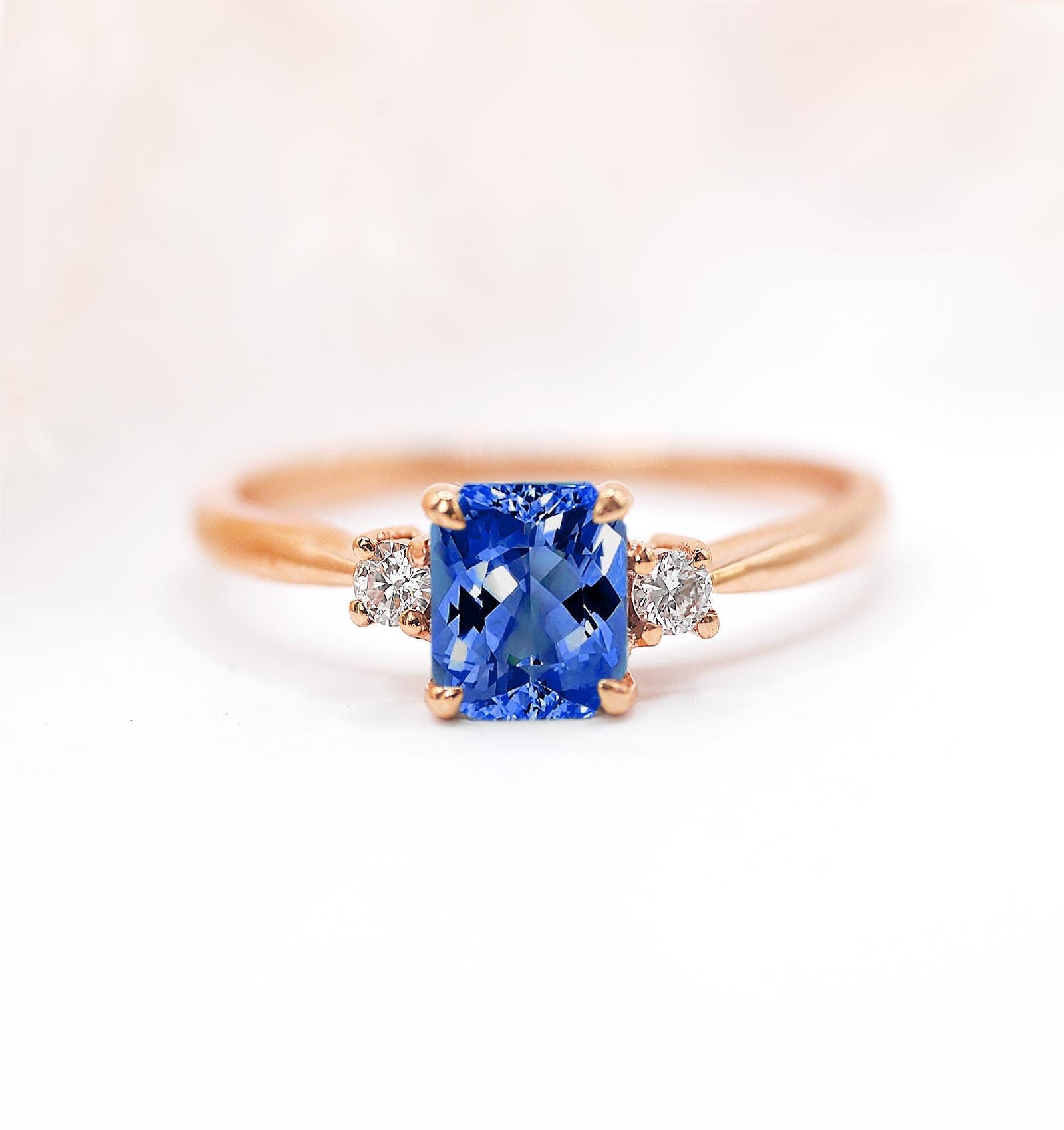 Radiant Cut Blue Sapphire & Diamond Vintage Ring | Radiant Engagement Unique Rose For Love