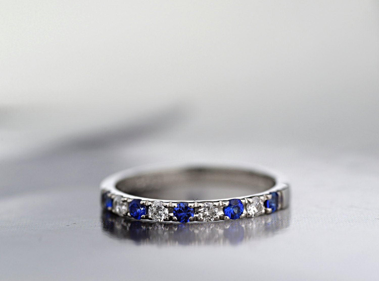 Platinum 950 Diamond & Blue Sapphire Half Eternity Ring, 2mm Wedding Band