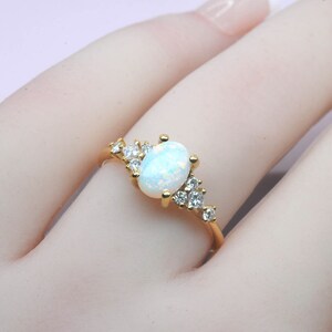 Oval white opal and diamond dainty ring Oval cut opal anniversary ring Princess cut diamond and opal ring yellow gold engagement ring 画像 8