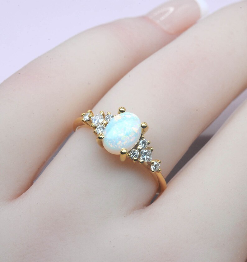 Oval white opal and diamond dainty ring Oval cut opal anniversary ring Princess cut diamond and opal ring yellow gold engagement ring 画像 8