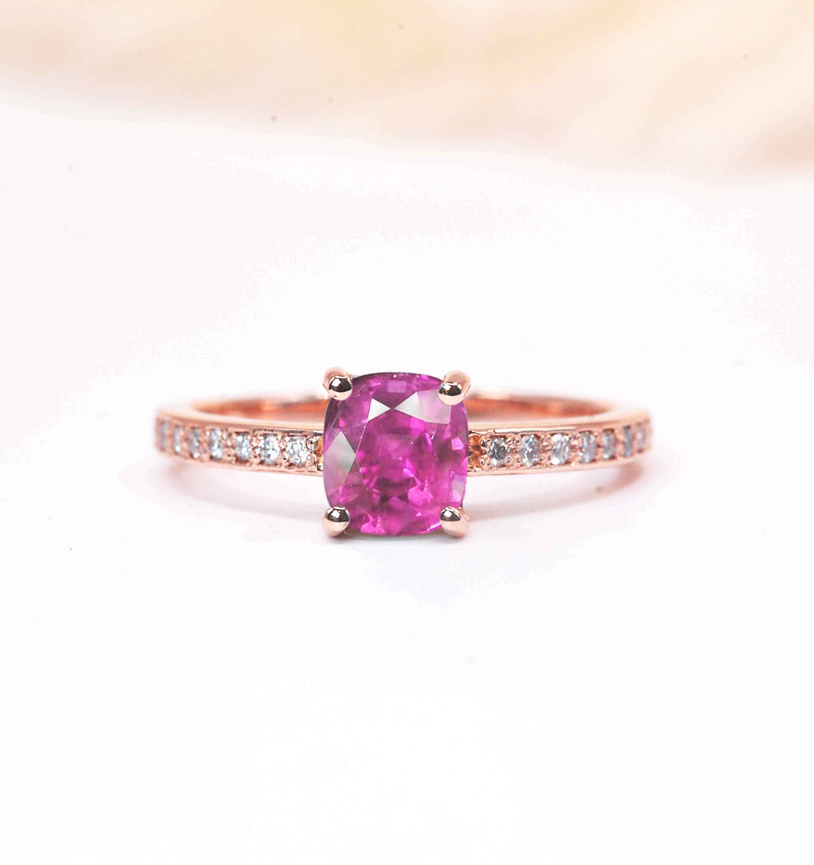 Pink Sapphire & Diamond Vintage Ring | 6mm Cushion Cut Pink Engagement Unique White