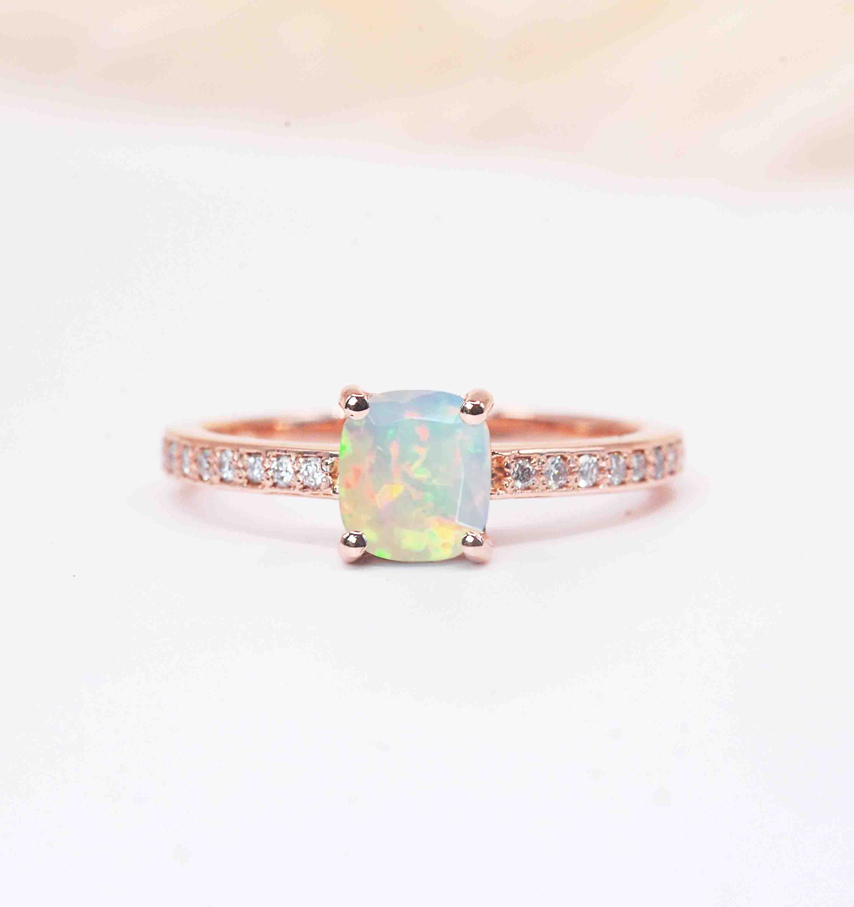 White Opal & Diamond Vintage Ring | 6mm Cushion Cut White Engagement Stylish Anniversary