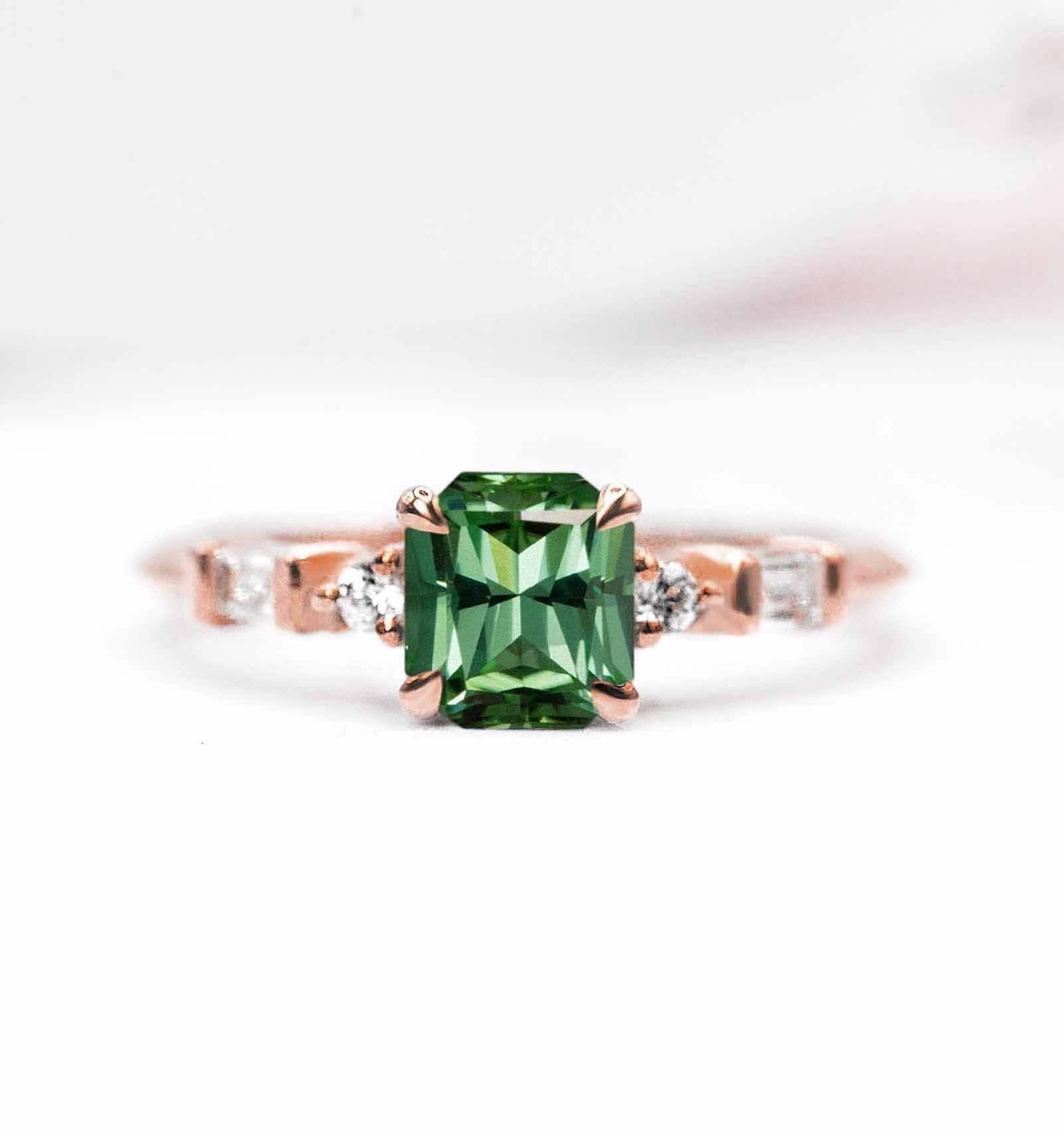 Radiant Cut Mint Green Tourmaline Featuring Engagement Ring | in Rose Gold & Baguette Diamond