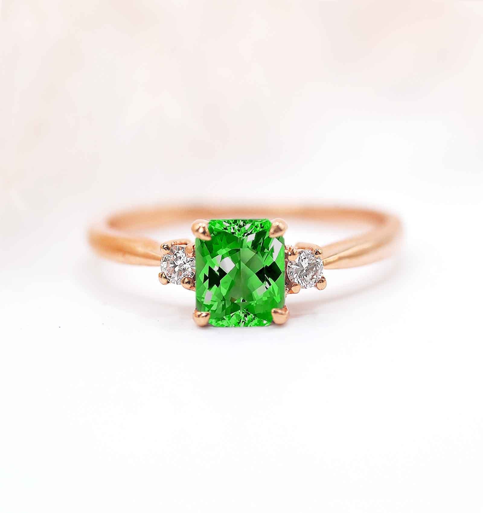 Radiant Cut Green Tsavorite & Diamond Vintage Ring | Radiant Engagement Unique Garnet Rose For Love