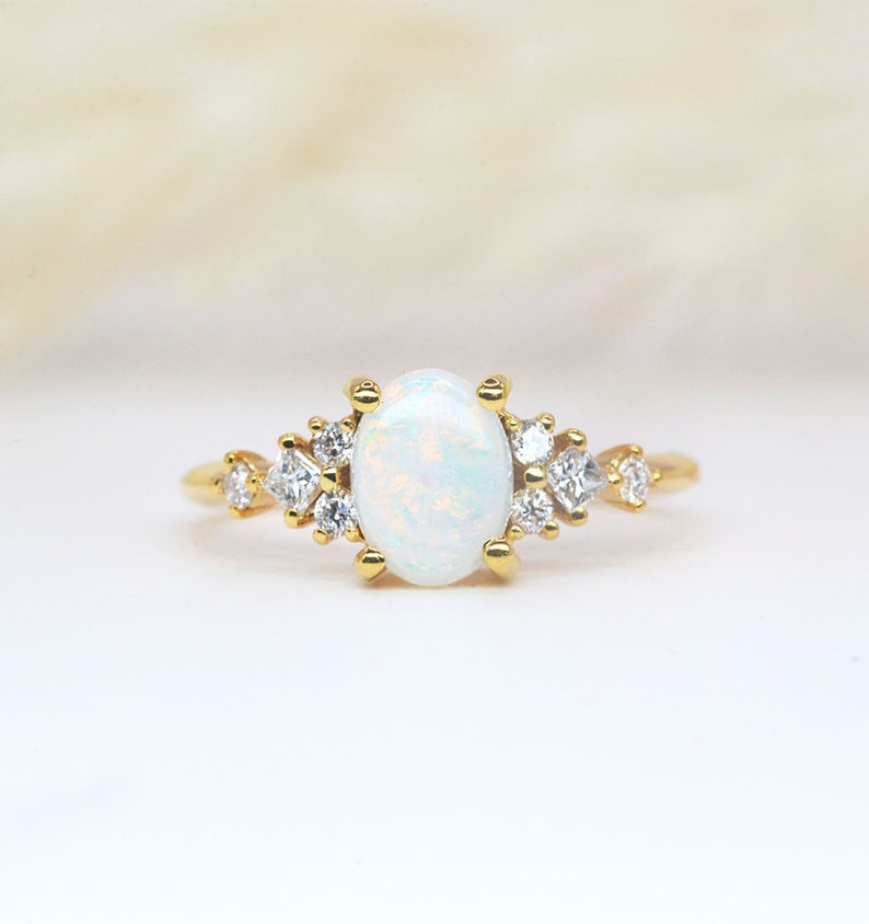 Oval white opal and diamond dainty ring Oval cut opal anniversary ring Princess cut diamond and opal ring yellow gold engagement ring image 1