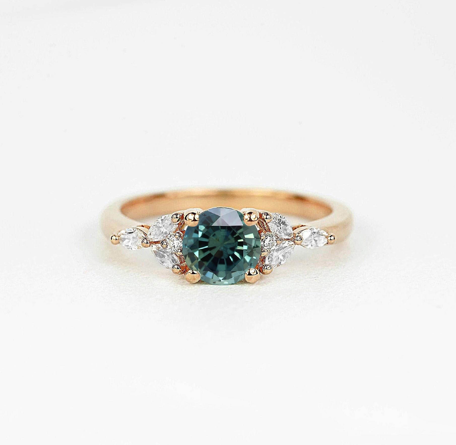 Round Teal Sapphire & Marquise Diamond Engagement Ring | Dainty Bridal Promise Art Deco Bespoke Vintage Ring