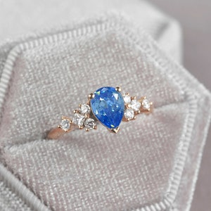 1.52ct Pear Light Blue Sapphire Engagement Ring Bridal Anniversary Ring Princess Cut Diamond Fitted Rose Gold Engagement Ring for her image 4