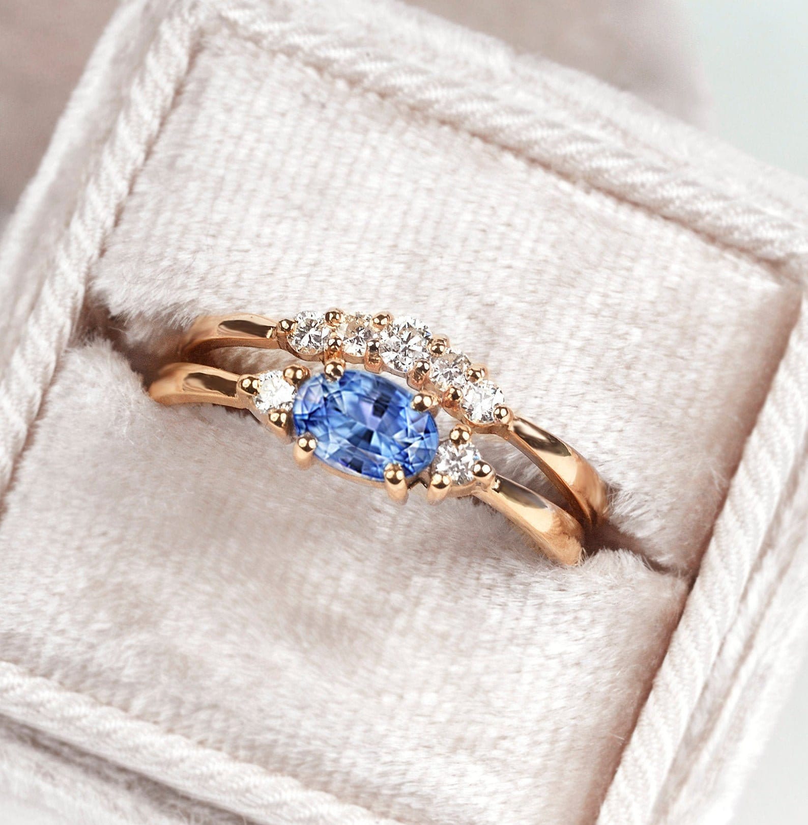 Light Blue Sapphire Engagement Ring & Alternative Diamond Wedding Band | Oval Rose Gold Curved