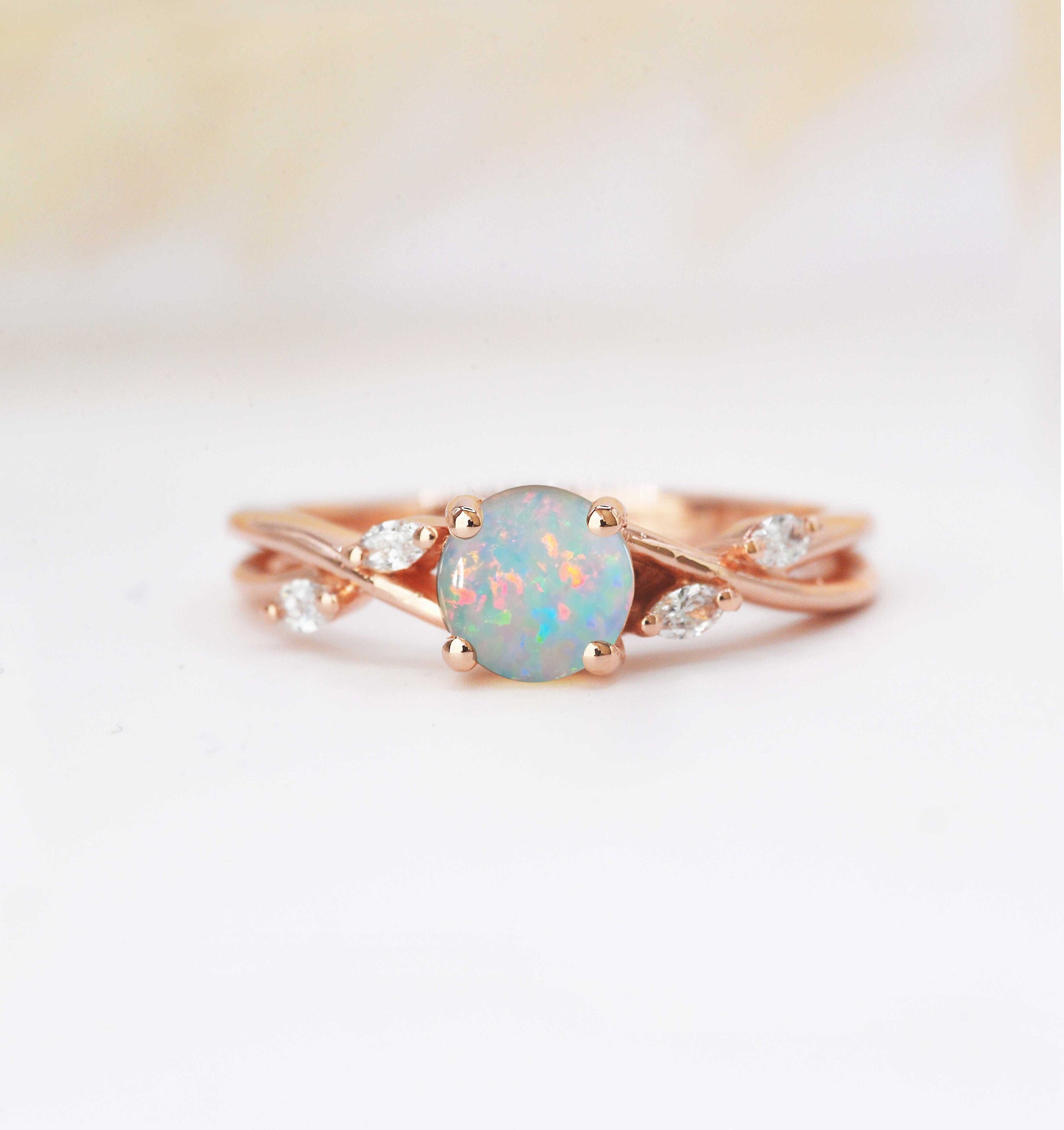 Vivid White Opal & Diamond Art Deco Ring | Stylish Opal Handmade 9K/14K/18K Rose, Yellow, Gold For Love