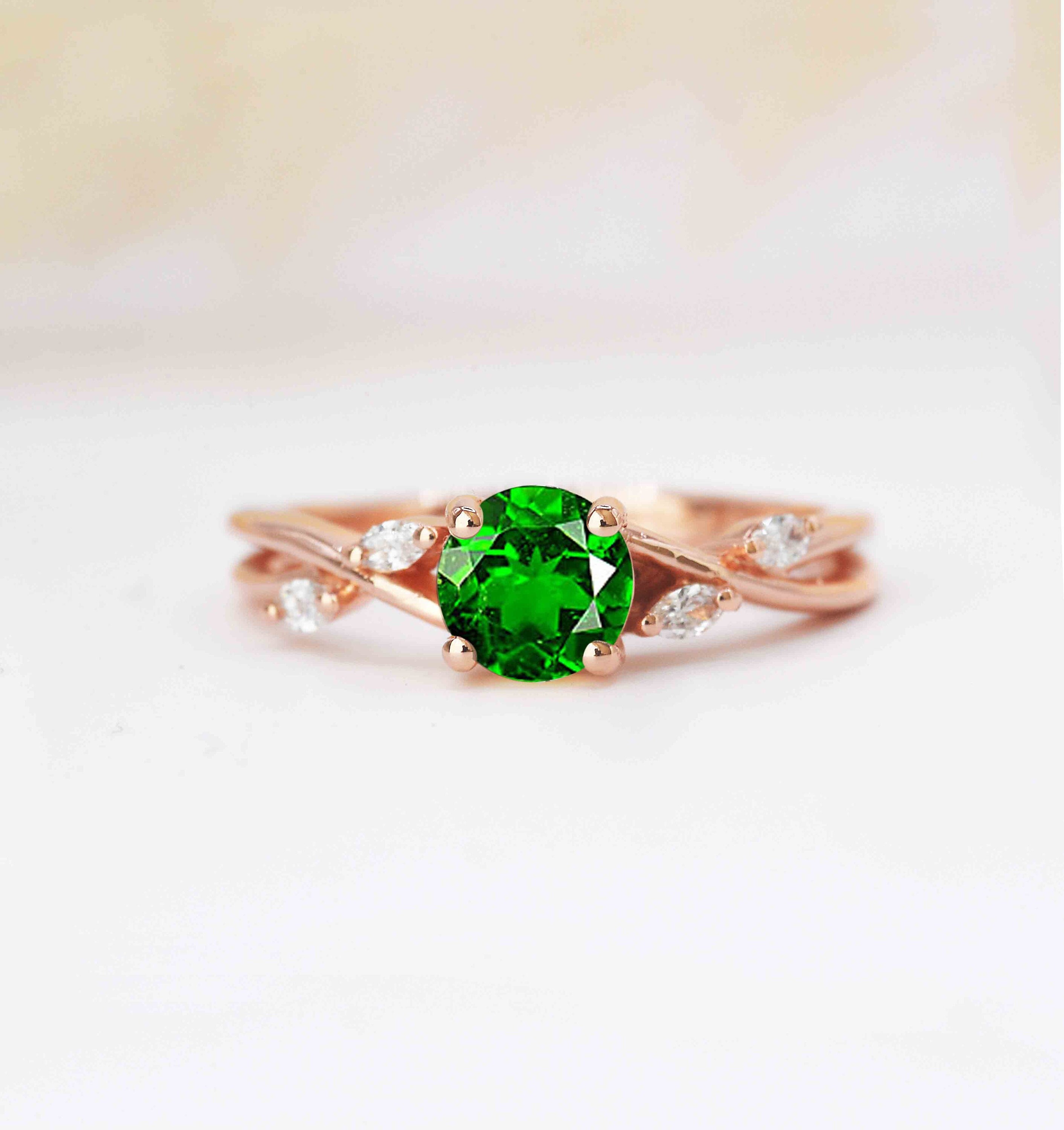 Green Tsavorite & Diamond Art Deco Ring | Stylish Green Handmade 9K/14K/18K Rose, Yellow, White Gold For Love