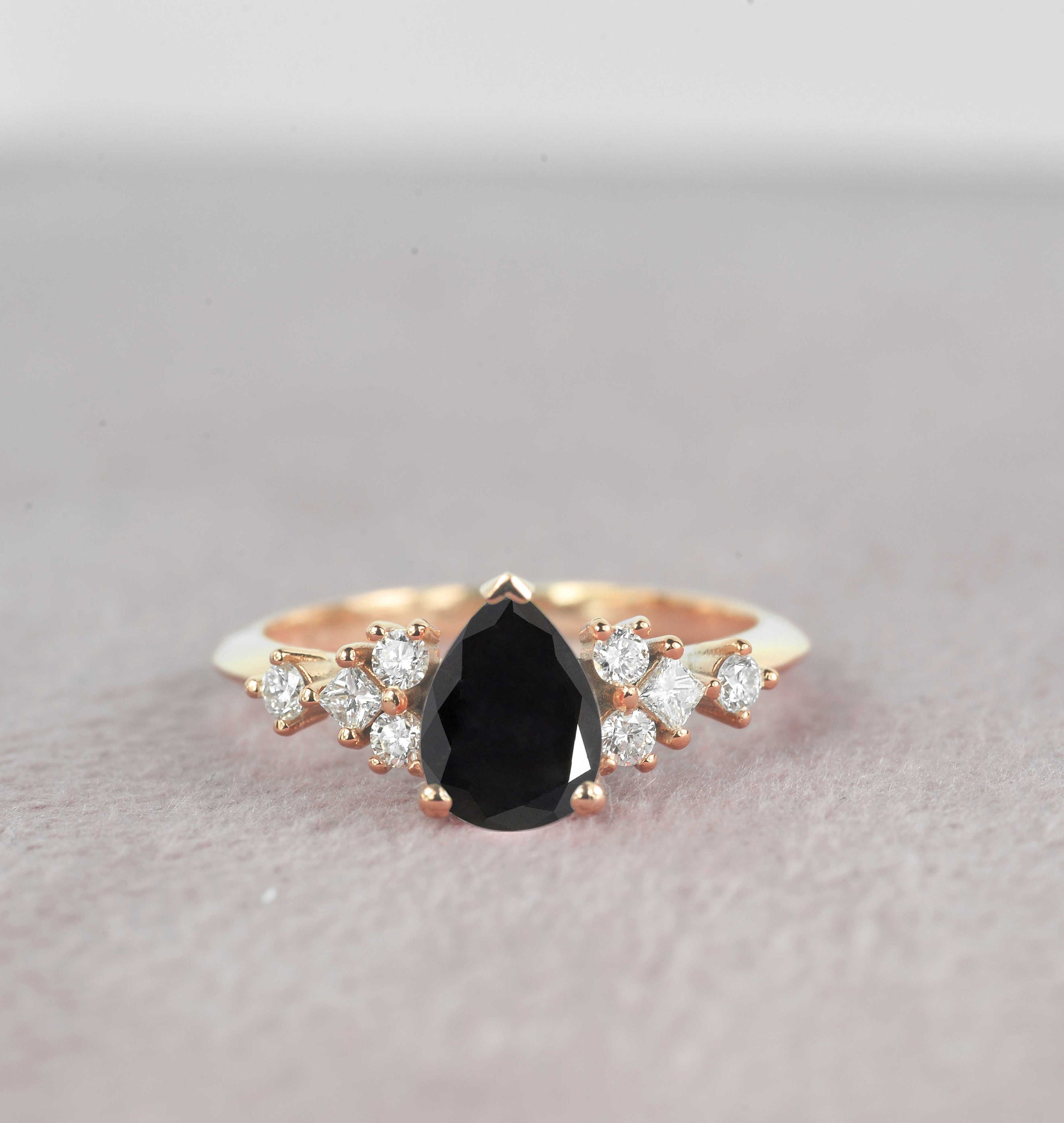 1.52Ct Pear Black Diamond Engagement Ring | Bridal Anniversary Princess Cut Fitted Rose Gold For Her