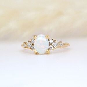 Oval white opal and diamond dainty ring Oval cut opal anniversary ring Princess cut diamond and opal ring yellow gold engagement ring image 2