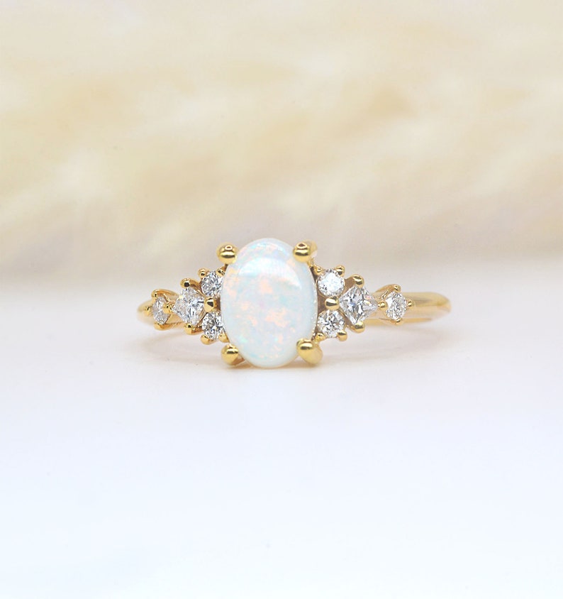 Oval white opal and diamond dainty ring Oval cut opal anniversary ring Princess cut diamond and opal ring yellow gold engagement ring 画像 2