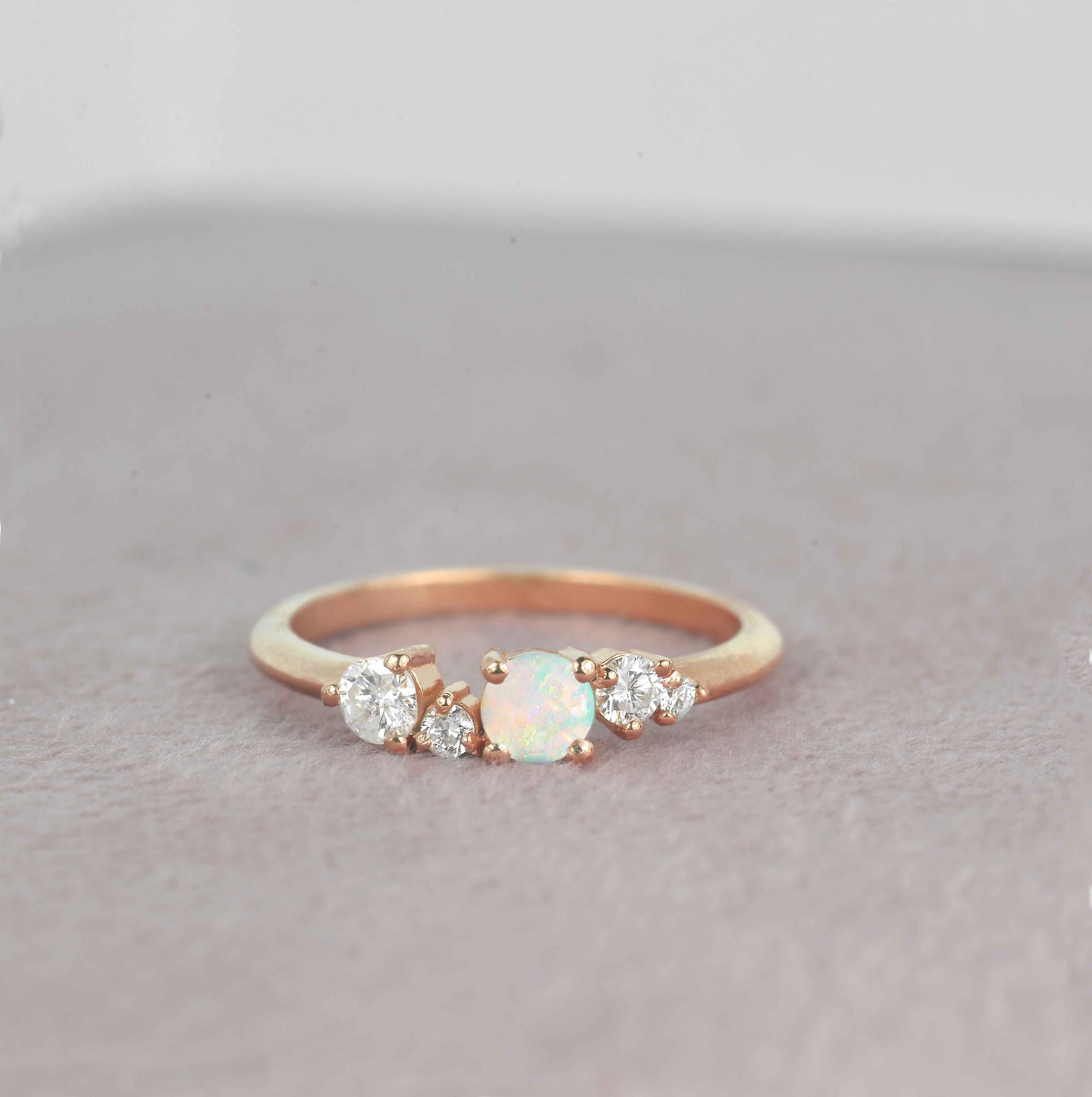 Round 4mm White Opal Engagement Ring | Diamond Wedding & Vintage 9K/14K/18K Rose Gold, Platinum For Her