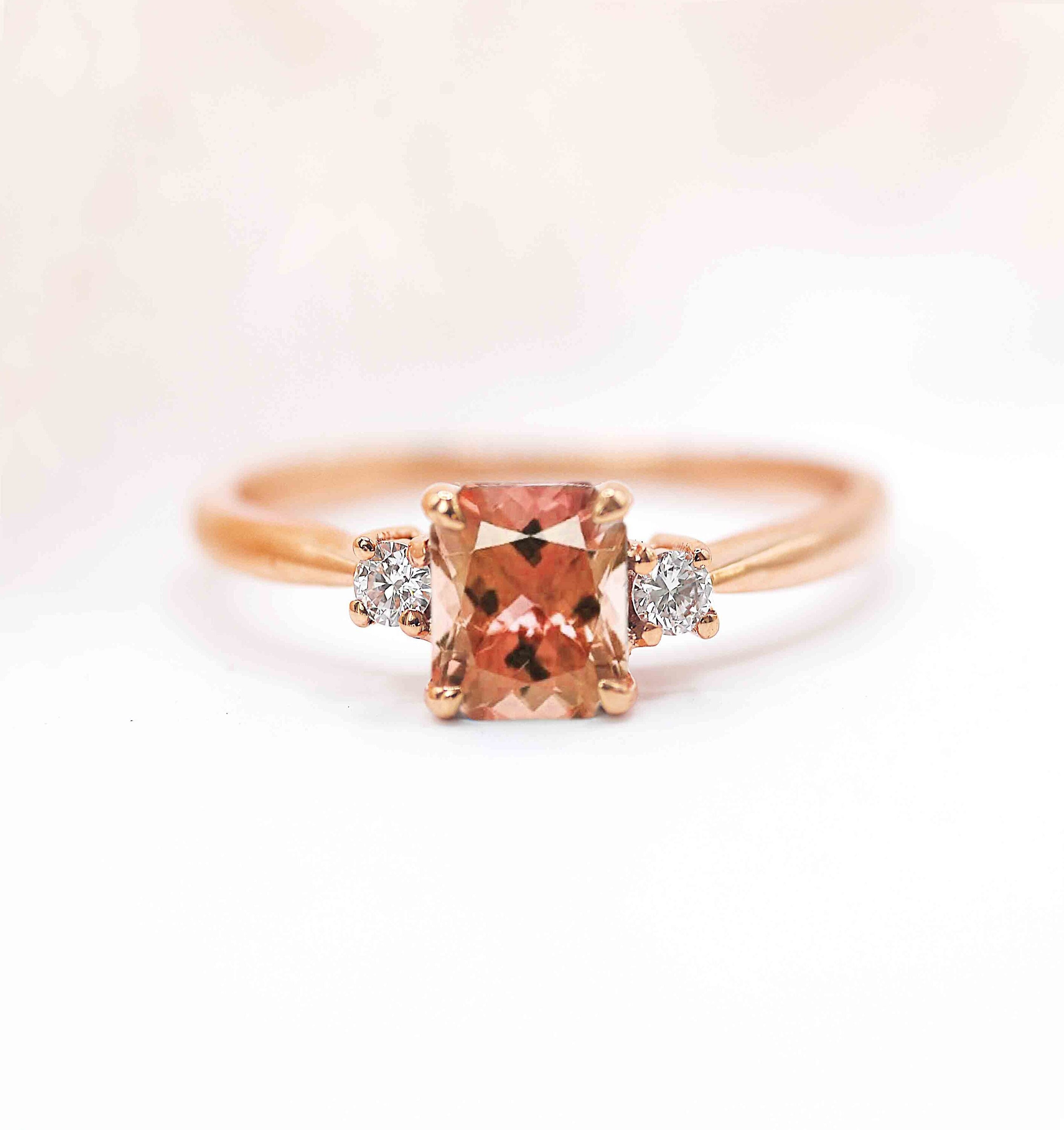 Radiant Cut Morganite & Diamond Vintage Ring | Radiant Engagement Unique Rose For Love