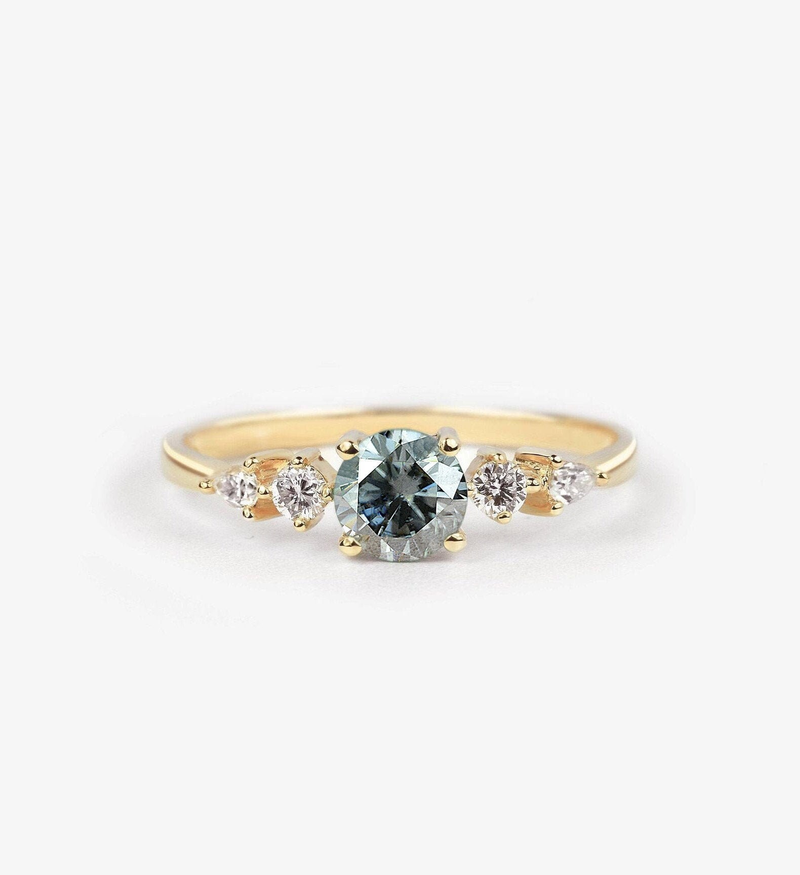 Grey Moissanite Engagement Ring | Three Stone Handmade Anniversary 9K/14K/18K Rose, White, Yellow Gold & Platinum