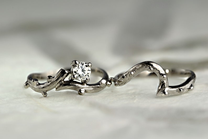 950 Platinum and 0.24 ct Diamond Twig Engagement and Wedding Ring, Handmade, Made to order image 2