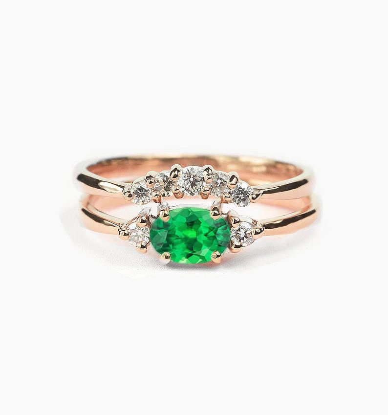 Tsavorite Engagement Ring & Alternative Diamond Wedding Band | Oval Rose Gold Curved Set For Her