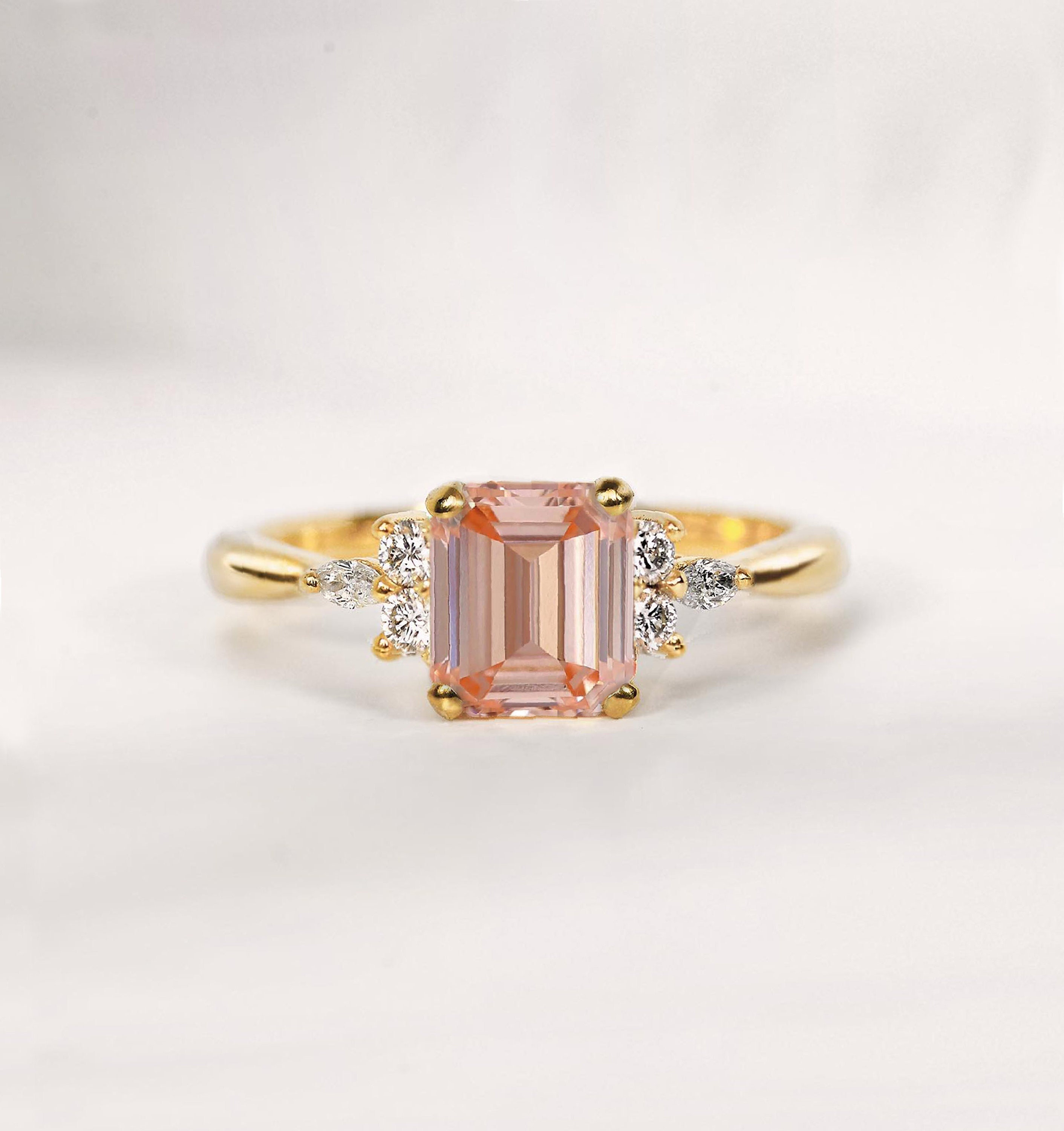Emerald Cut Morganite Engagement Ring | 14K, 18K Gold Genuine Alternative Diamond Eco Friendly