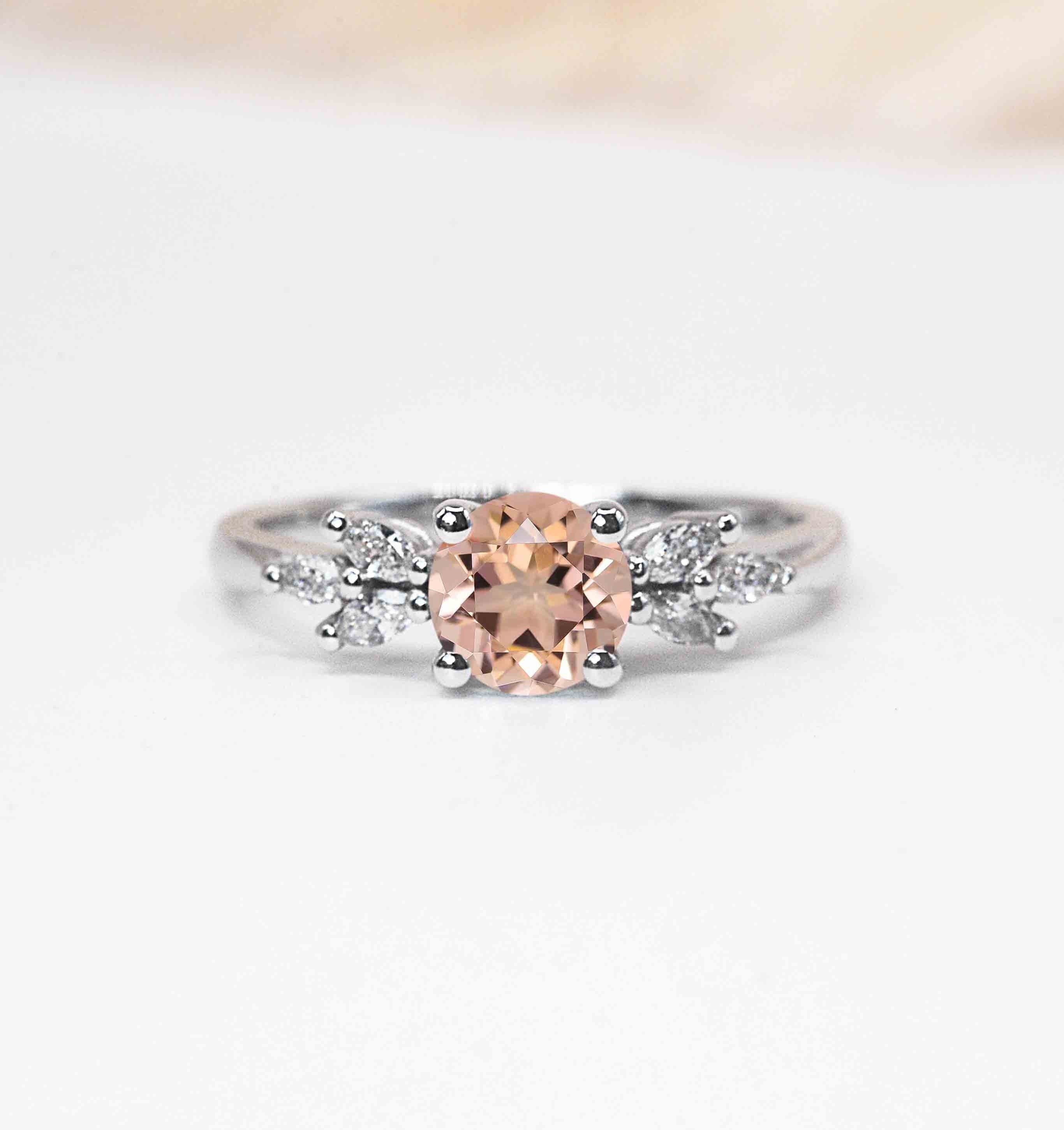 Natural Morganite Featuring Engagement Ring | Round Delicate Solid White/Yellow/Rose Gold Stylish Celebrity For Her