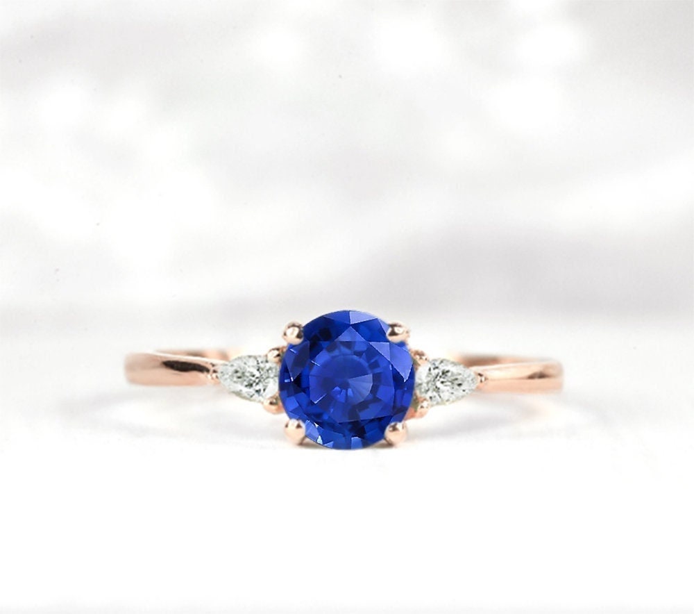 Medium Sapphire & Pear Diamond Engagement Ring | Wedding Bridal Promise Round Bespoke 9K/14K/18K Rose Gold