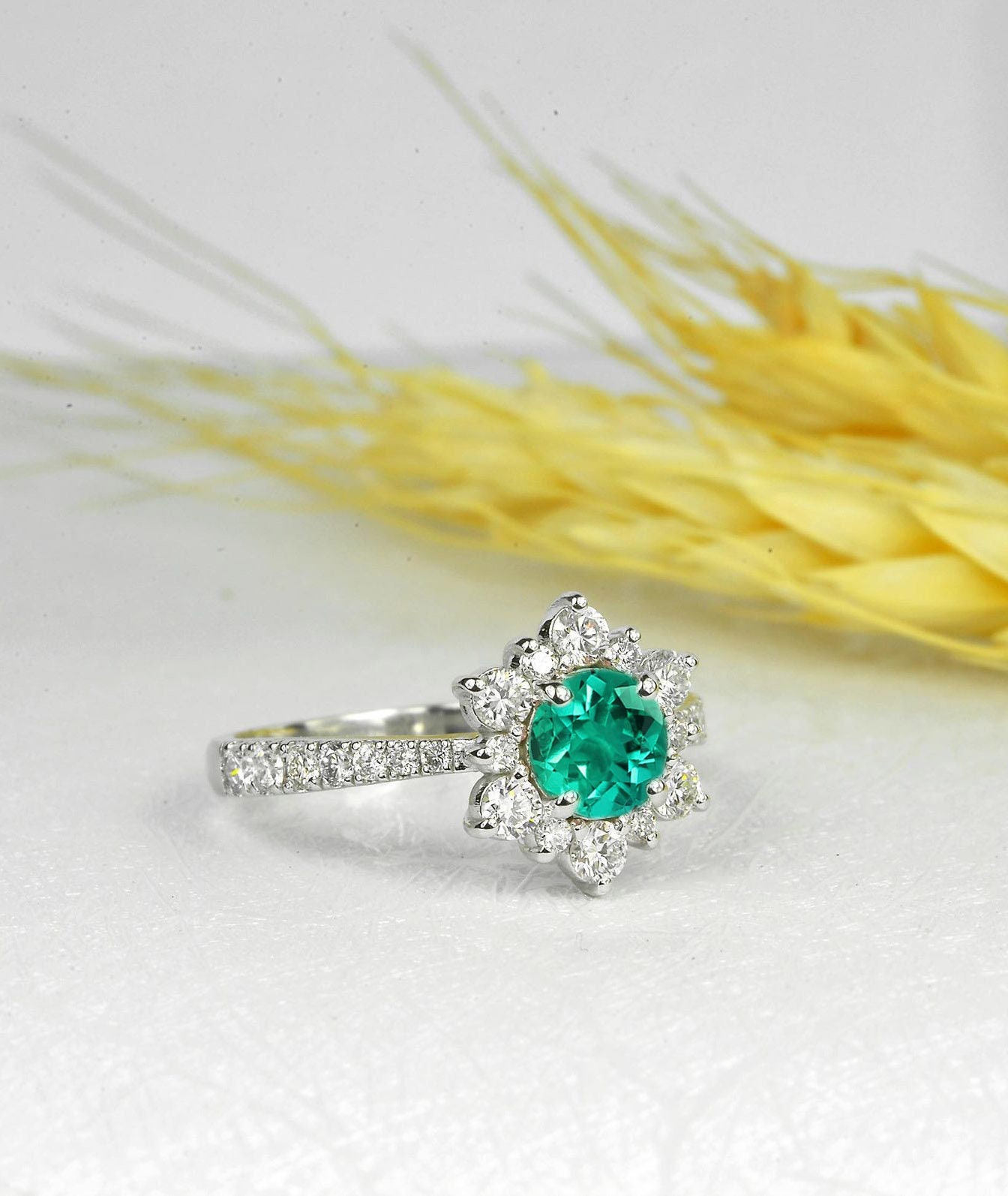 Emerald Engagement Ring | & Diamond Cluster White Gold Vintage Ring Halo Anniversary Unique Bridal