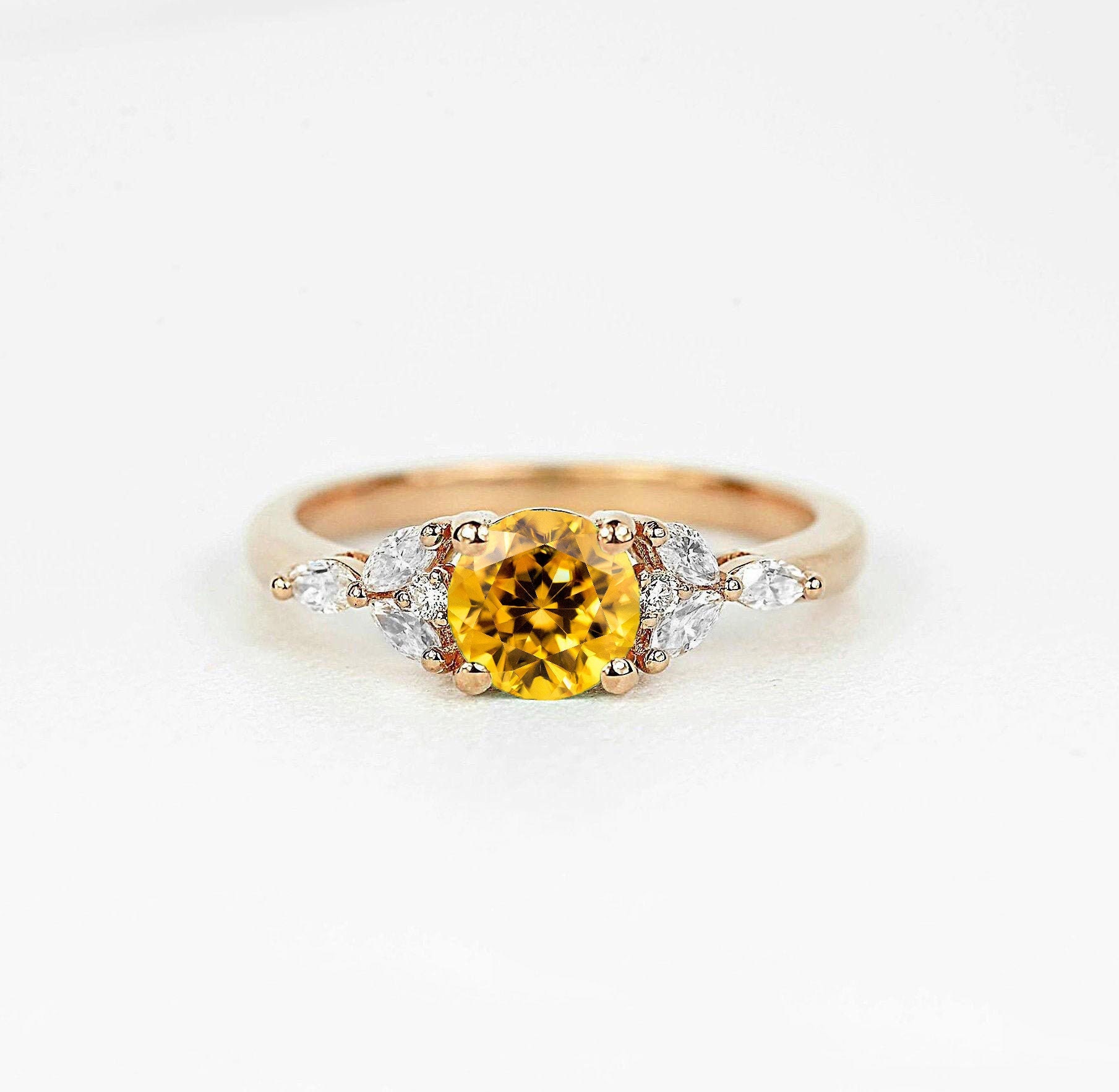 Round Yellow Sapphire & Marquise Diamond Engagement Ring | Dainty Bridal Promise Art Deco Bespoke Vintage Ring